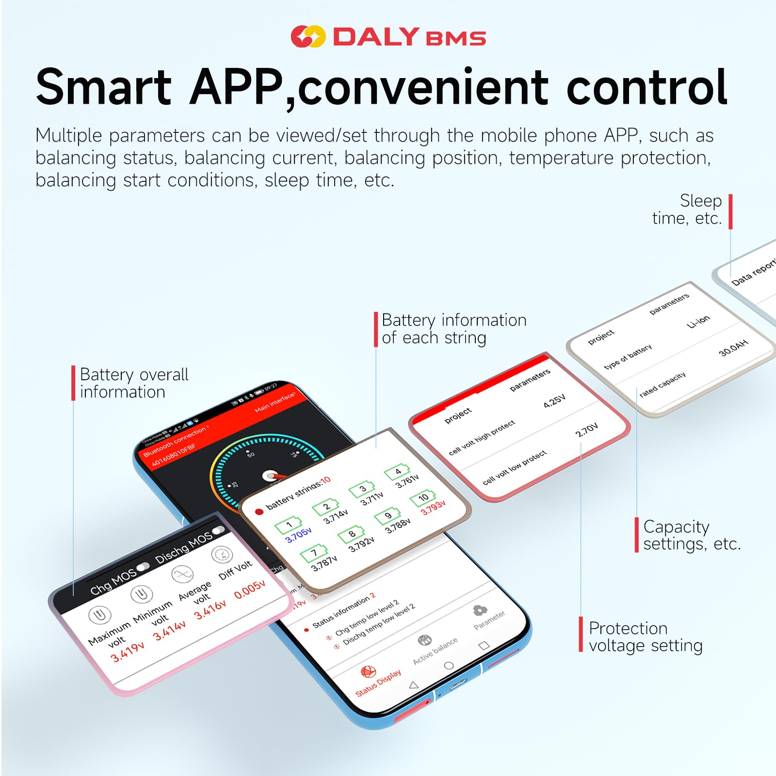 DALY Smart BMS 4S-24S 12V-72V 40A-500A mit Bluetooth-Modul, Batterieschutzplatine für LiFePO4-Akkupack (LifePO4 4S 12V 60A+BT-Modul)