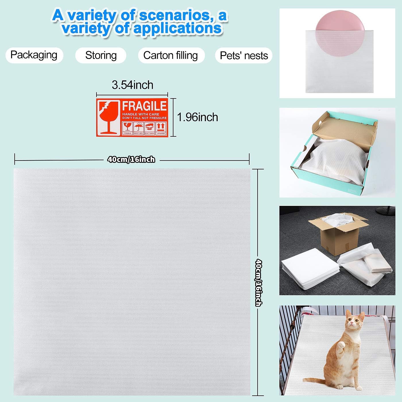 JIUZHOUXIN verpackungsmaterial,40x40cm Cushion Foam Pouches, Ideal für Umzug Versand und Lagerhaus, mit FRAGILE Warnaufklebern (50PACK- 40X40CM)