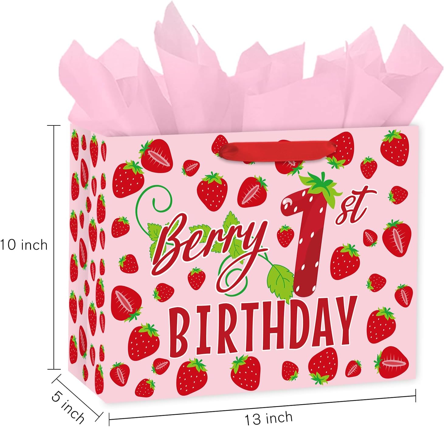Loveinside 13″ Large Berry 1st Birthday Gift Bag, Sweet Pink Strawberry Theme Gift Bag with Tissue Paper for Baby Girl First Birthday, New Born Baby Shower, Party Favor, 13″ x 5″ x 10″, 1 Pcs