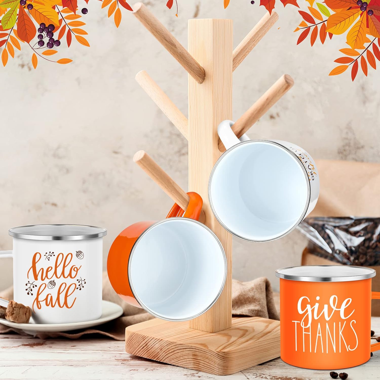 Fall Coffee Mugs 12 oz Thanksgiving Enamel Mug Autumn Coffee Mug Outdoor Camper Mug Hello Fall Pumpkin Spice Give Thanks Sign Camping Tea Cup Decor for Christmas Halloween Party Campfire(6 Pcs)