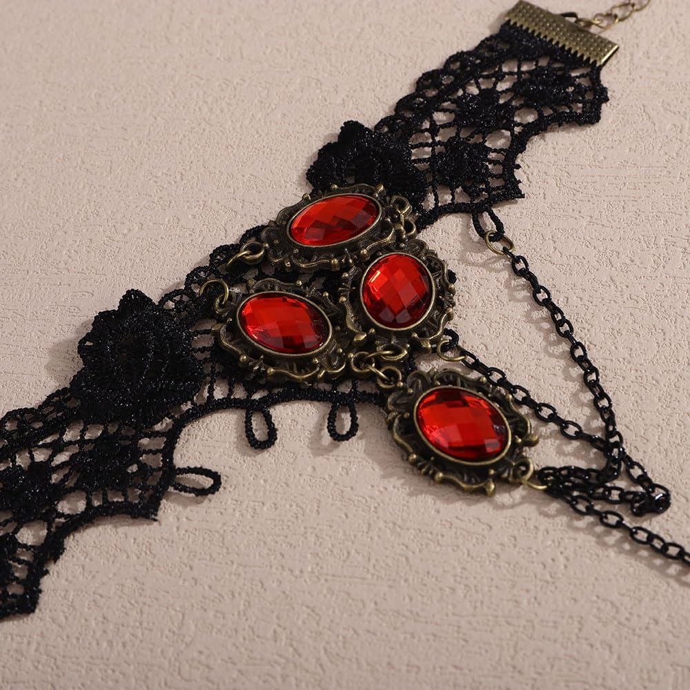 Missgrace Boho Punk Black Tassels Lace Red Crystal Choker Necklaces Earrings Bracelet Set Gothic Accessories Halloween Gothic Punk Black Beads Necklace Earrings Bracelet Set for Women - Image 7