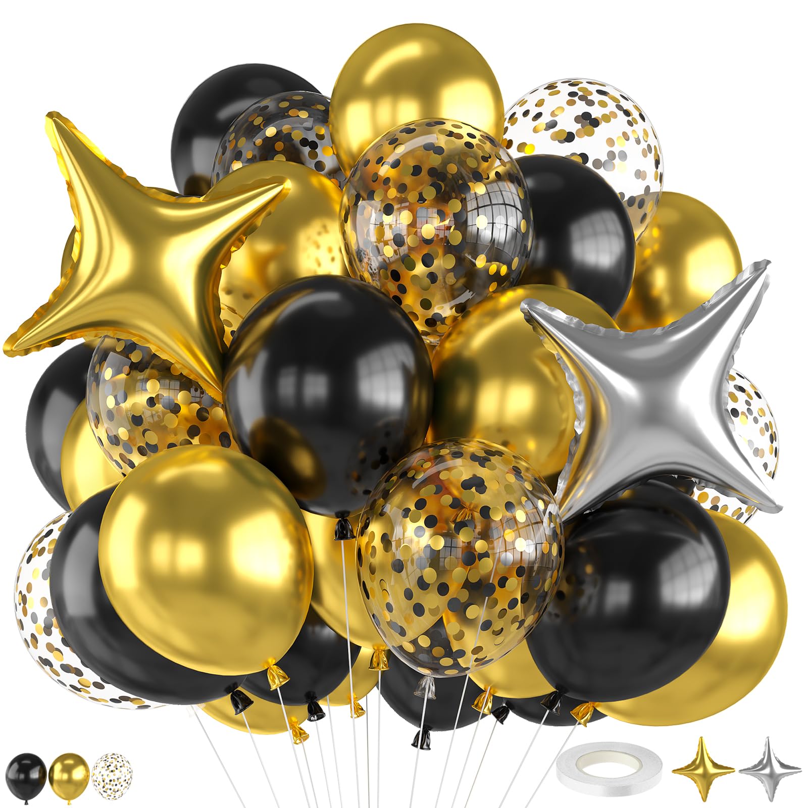 Black and Gold balloons,12 Inch Black and Gold Balloon with Ribbon for Theme Birthday Baby Shower Party Decorations