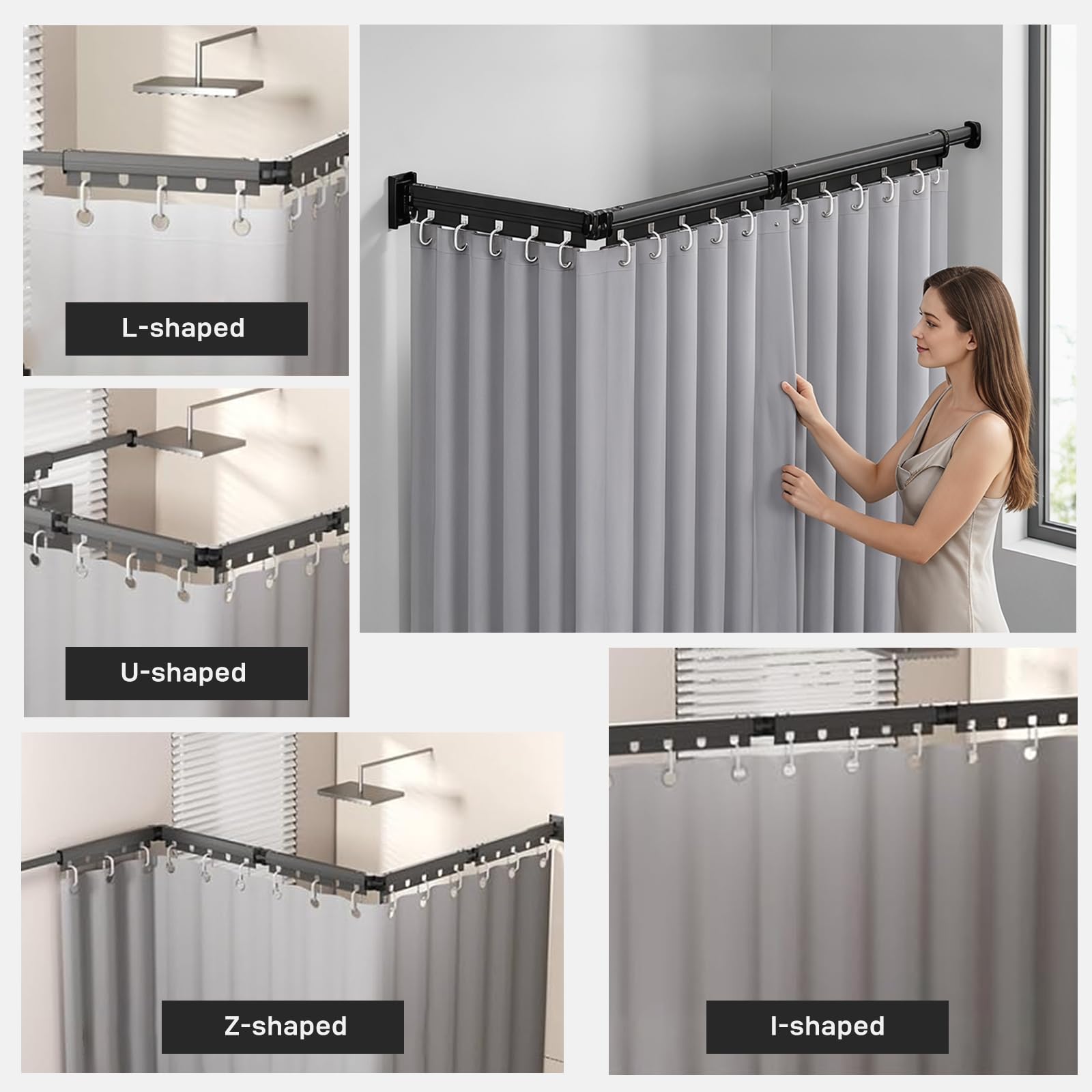 Asta per tenda da doccia, a forma di L/U, pieghevole, 3 pieghe, colla e foratura, angolo regolabile, con colla di montaggio, montaggio a vite, impermeabile, per bagno, camper, ospiti WC