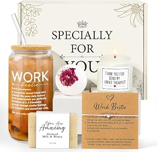 iAOVUEBY Work Besties Gifts for Women, Work Bestie Gift, Coworker Leaving Coworker Friend Gift for Women with Work Besties 16oz Coffee Glass, Wish Bracelet, Spa Items