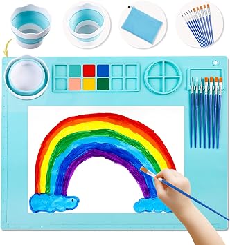 سجادة حرفية من السيليكون DIYDEC مقاس 20X16 بوصة سجادة فنية كبيرة من السيليكون مع سجادة رسم كوب قابلة للفصل مع 10 فرش رسم وأوراق سجادة رسم من السيليكون للأطفال والكبار وإكسسوارات DIY باللون الأزرق