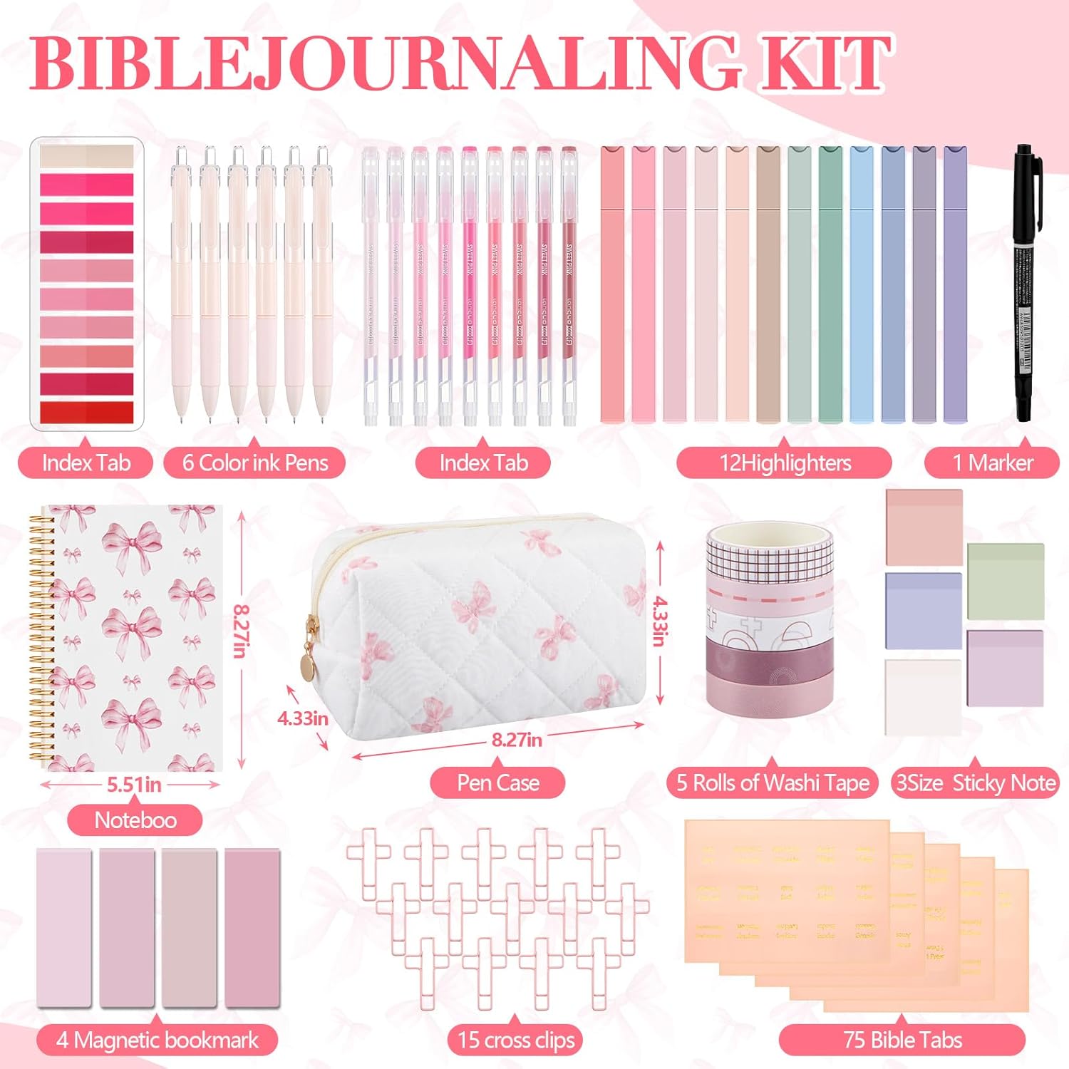 Jutom 97 Pcs Bible Study Supplies Journaling Kit, Christian Pink Bow Notebook with Bible Tabs, Colored Highlighters, Pen Case and More, Religious Gift for Women, New Believers & Christian Students