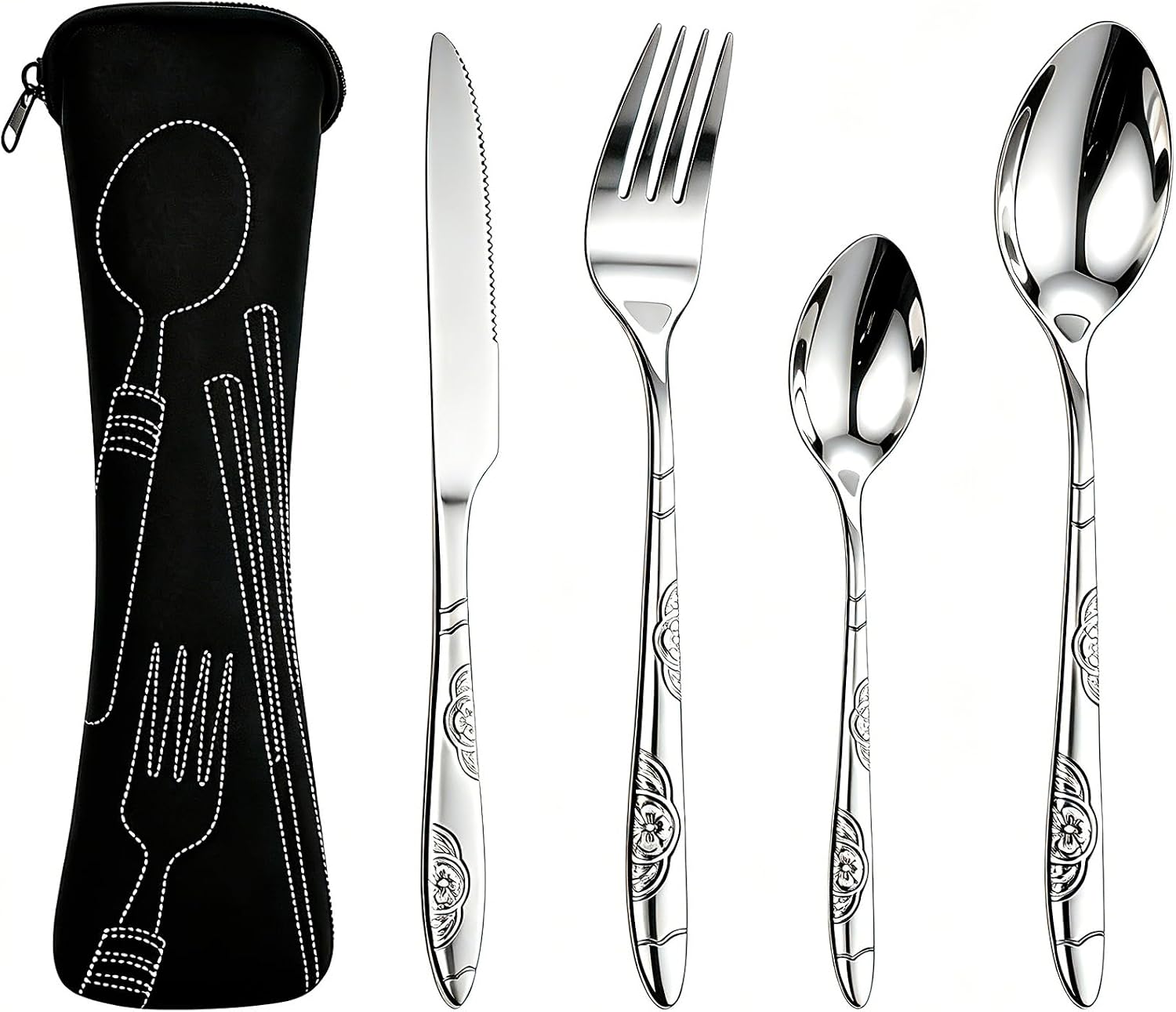 Travel Utensils with Case, 4Pcs Stainless Steel Travel Silverware set, Reusable Flatware Travels Cutlery Set for Camping, Picnic, Lunch, Dinner