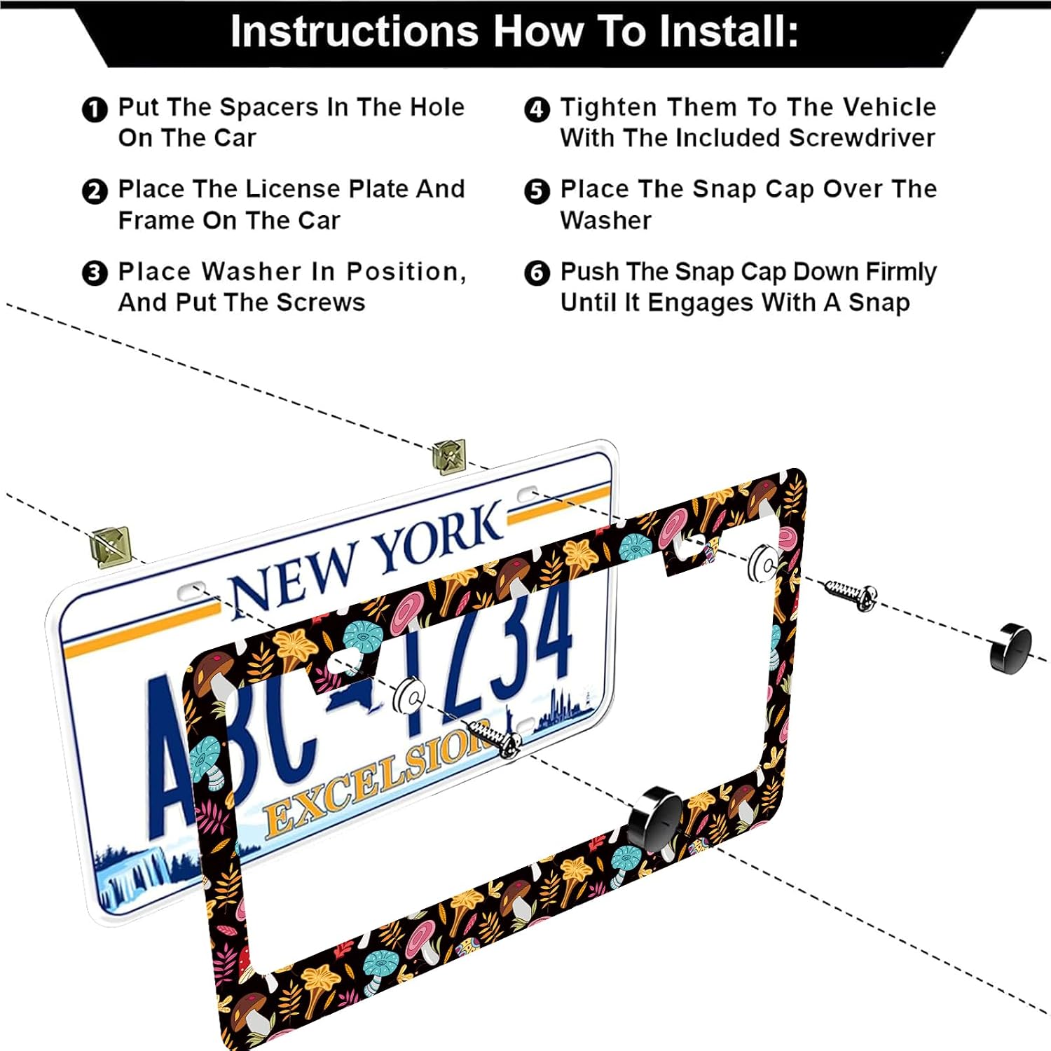 Funny Cute Mushroom License Plate Frame Stainless Steel Metal Auto Car Accessories Decoration with Screws License Plate Frame 2 Holes 6.3" x 12.2" for Women Men Gift image 3