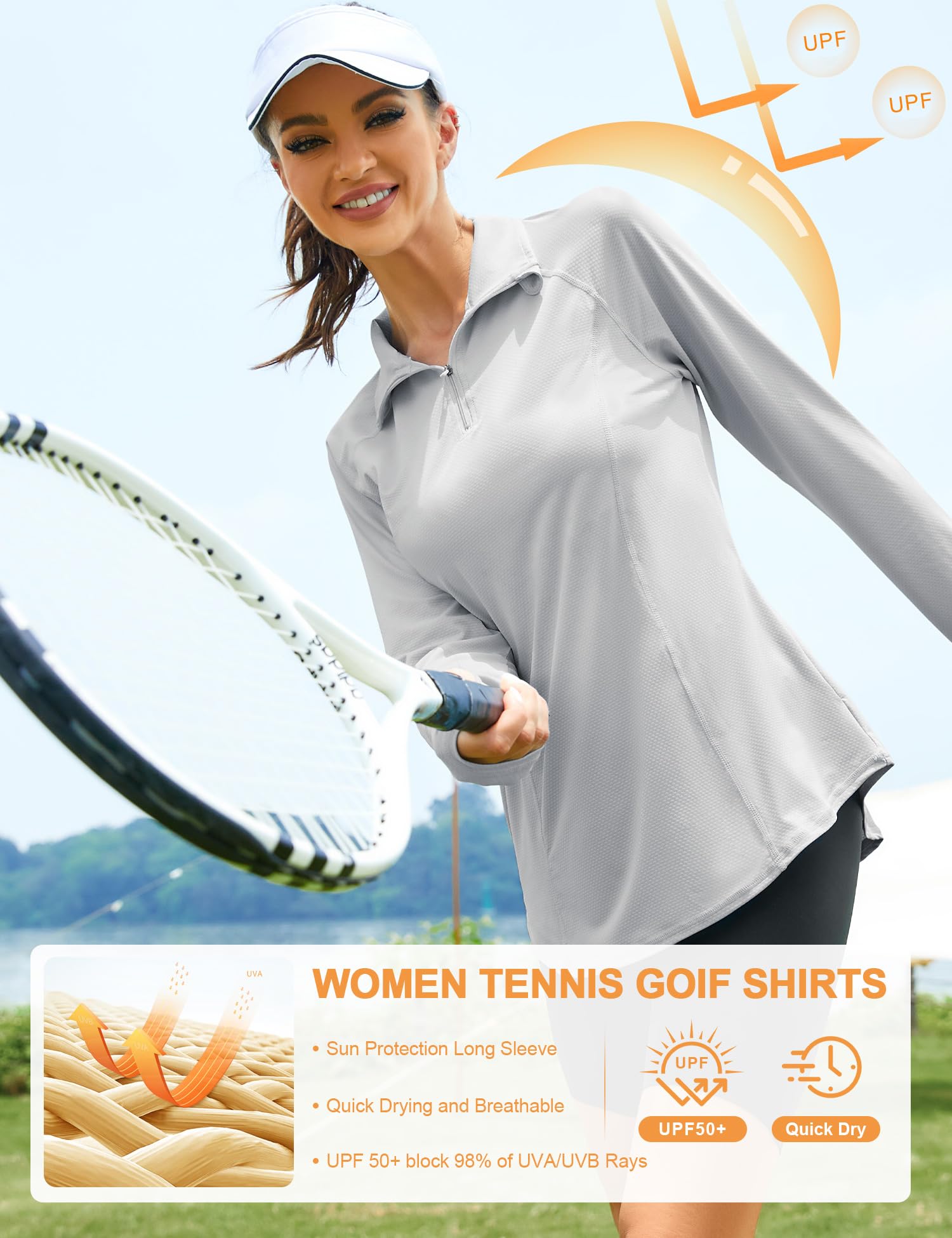 IECCP Camisetas ligeras con protección solar UPF 50+ para mujer, con cremallera de 1/4, manga larga, para ejercicio