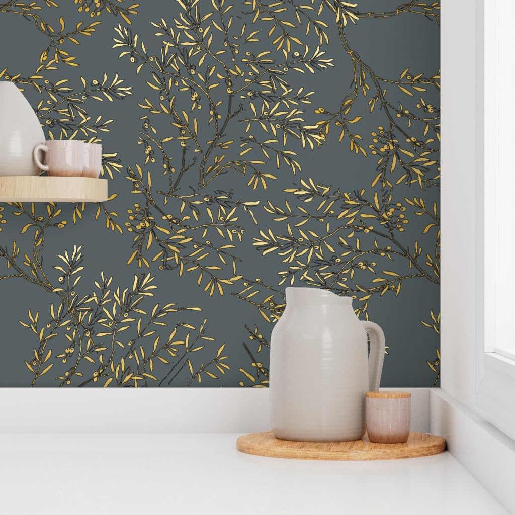 Peel & Stick Wallpaper 3ft x 2ft - Gold Branches Grey Gray Olive Branch Tree Leaves Custom Removable Wallpaper by Spoonflower
