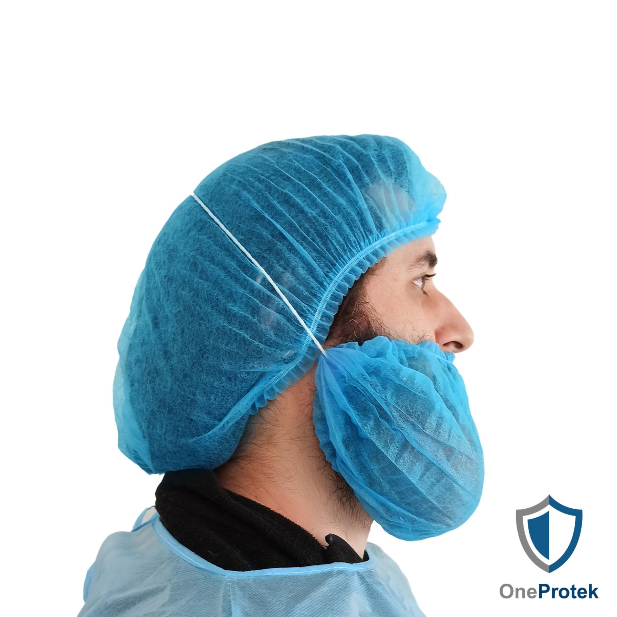 Lot de 100 protections de barbe jetables - Cache Barbe OneProtek Bleu - Usage Alimentaire, Restauration et Médical, Protection respirante, Hygiénique et élastique à la tête Confortable, Taille unique