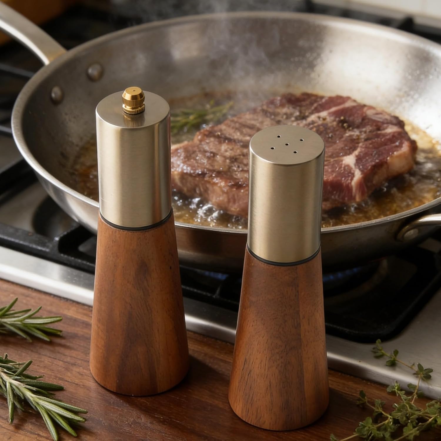 2 Piece Salt And Pepper Grinder Set, Acacia Wood, Manual, Adjustable Coarseness, Ceramic Core, Stainless Steel Head, For Kitchen And Outdoors
