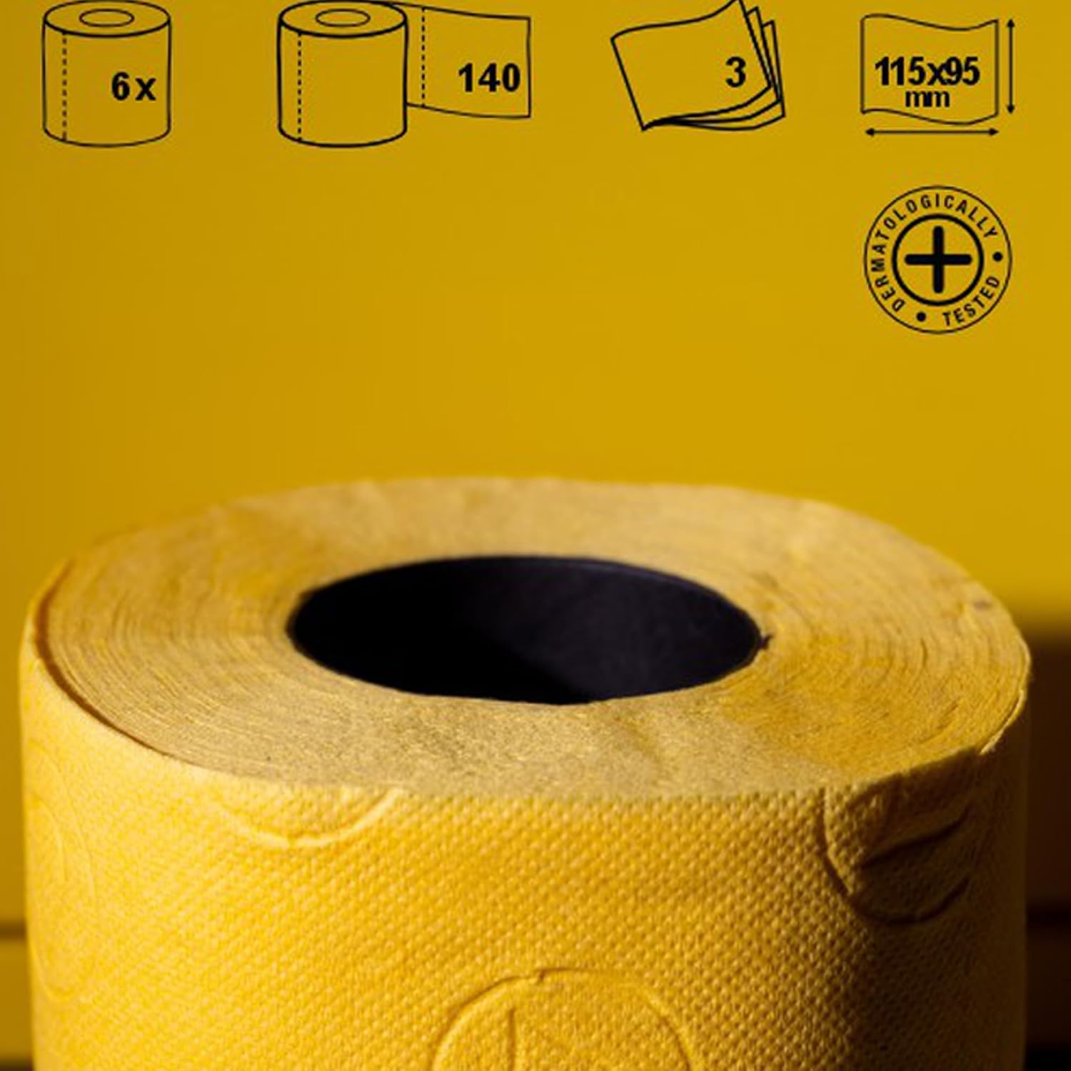 Renova Yellow Toilet Paper 3-Ply -Ideal for Decorating Your Home or Office - Pack of 6 Compact Rolls- 140 Sheets - Eco-label Certified - Dermatologically Tested - Septic Safe - Sustainable & Soft