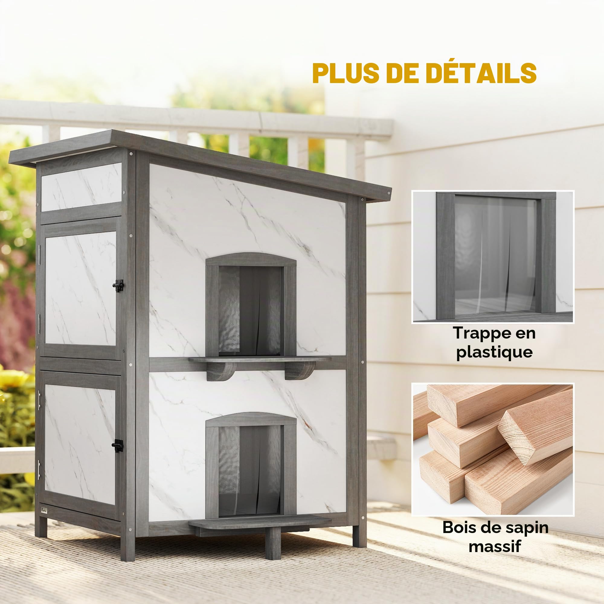 PawHut Maison Chat Bois 2 étages extérieure avec fenêtre Blanc 60x60x88cm