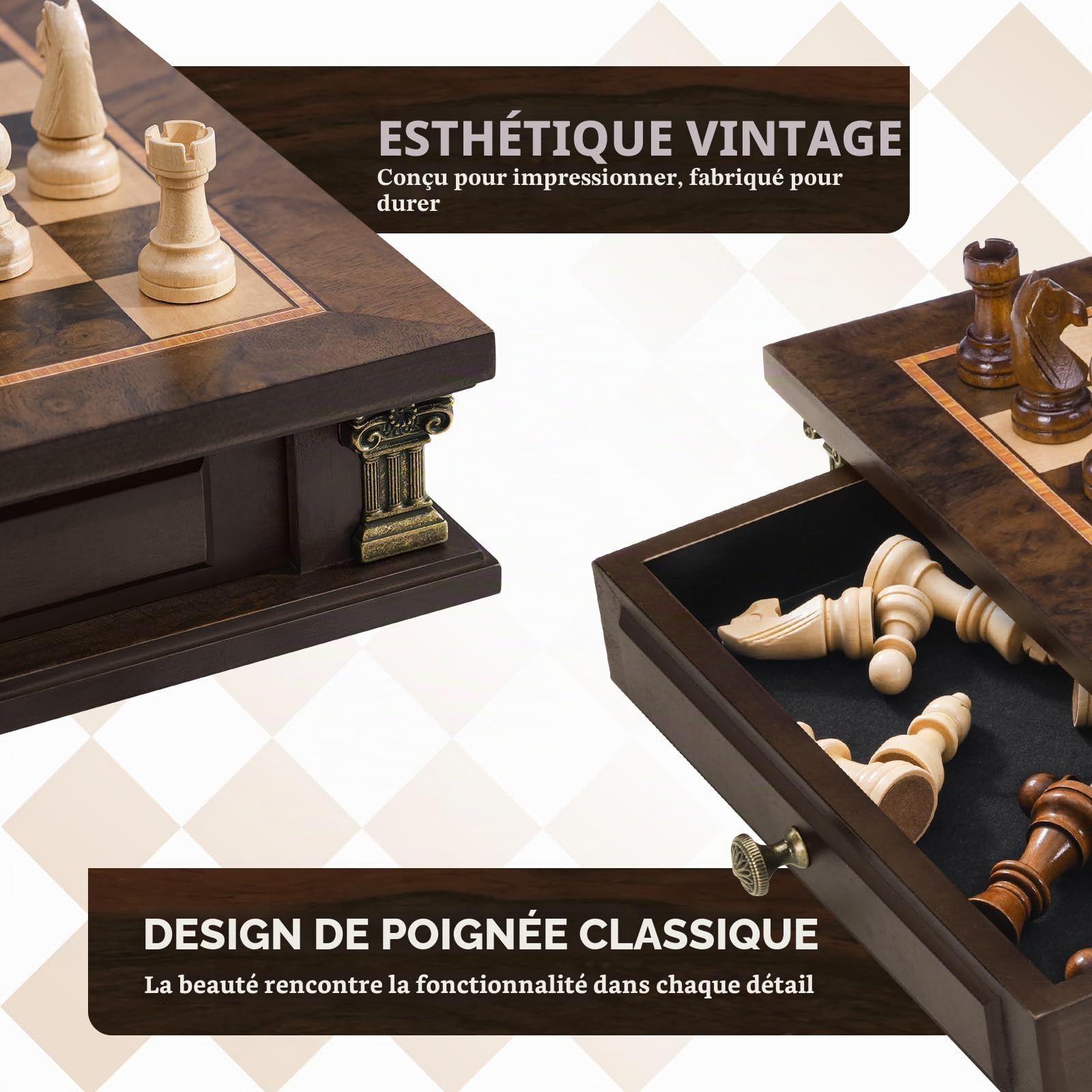 Peradix Jeu d'échecs magnétique 2 en 1 avec 2 tiroirs de rangement intégrés, jeux d'échecs classiques 2 en 1 avec 2 reines supplémentaires pour enfants et adultes, jeu d'échecs portable de voyage