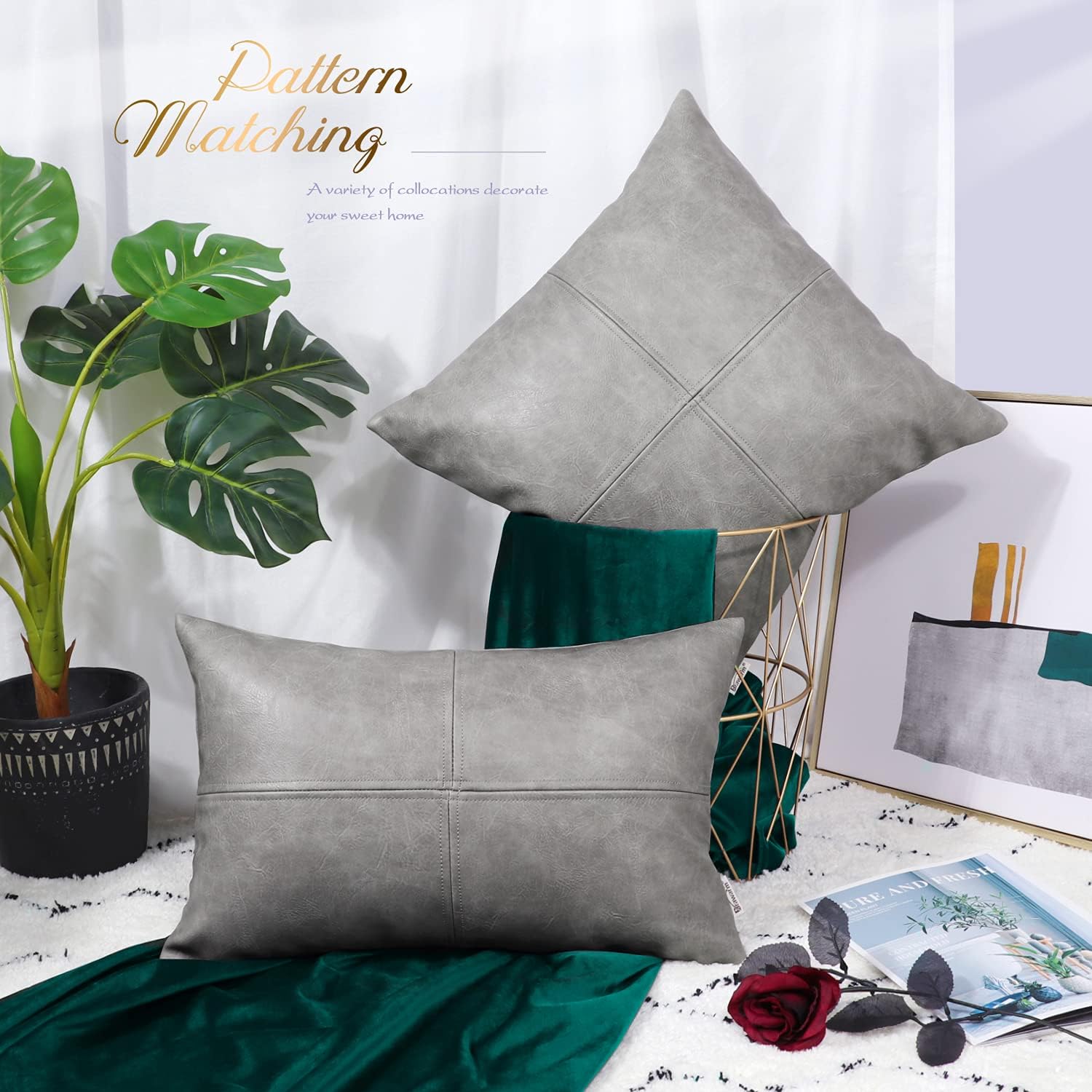 BRAWARM Faux Leather Throw Pillow Covers 20 X 20 Inches, Gray Leather Pillow Cover, Hand Stitched Leather Decorative Pillow Cover for Couch Sofa Bed Living Room Home Garden