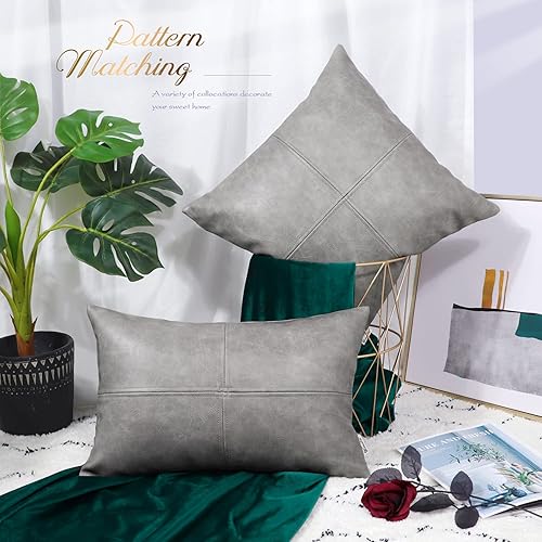 Miniatura 3 de BRAWARM Fundas de almohada de piel sintética de 12 x 20 pulgadas, funda de almohada de cuero gris, funda de almohada lumbar decorativa de cuero