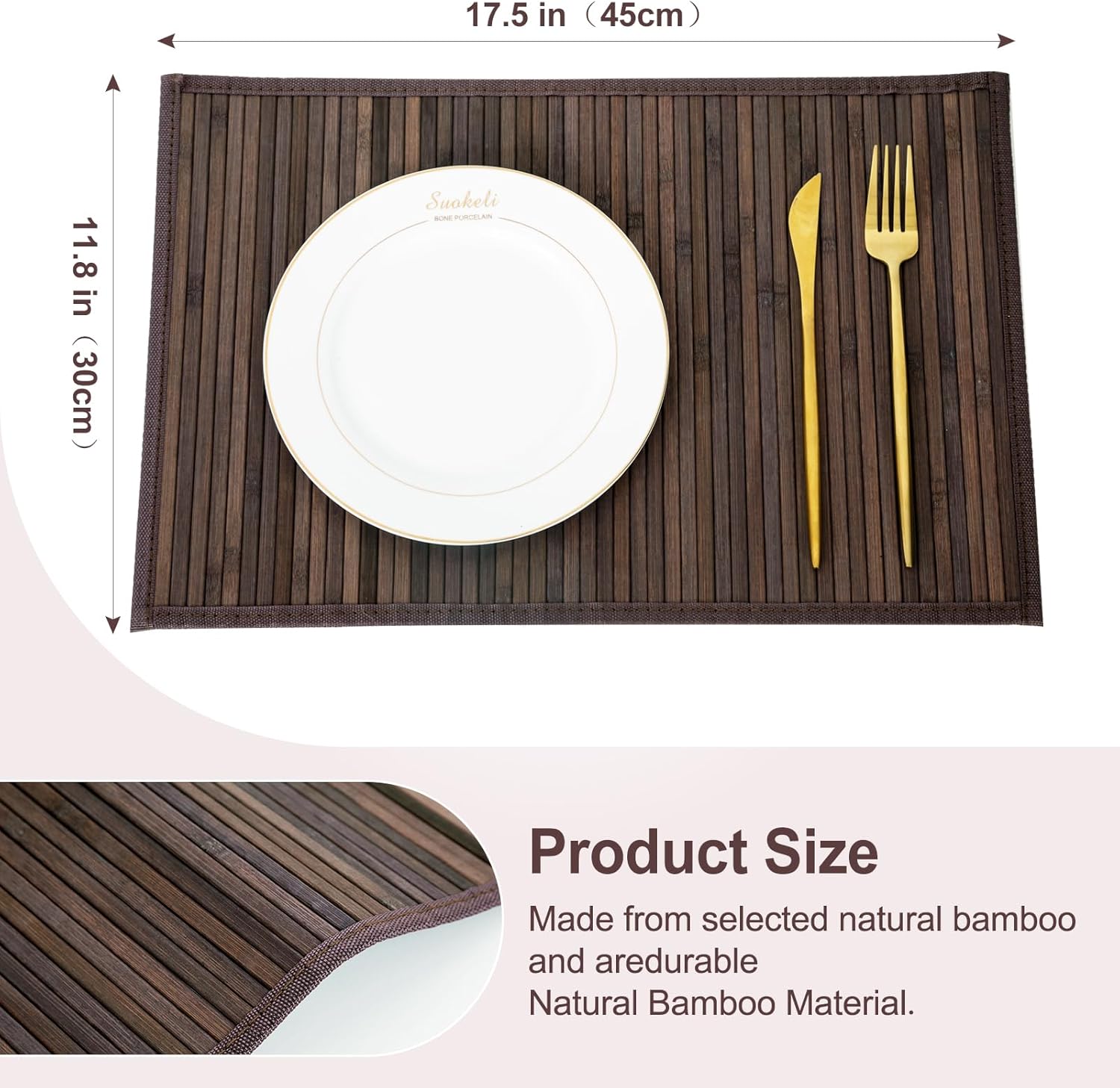 Bamboo Placemats with Fabric Border Set of 8 Natural Bamboo Rectangular Rolling Table Mats for Dining Kitchen Table Heat Resistant Table Protection Dark Brown