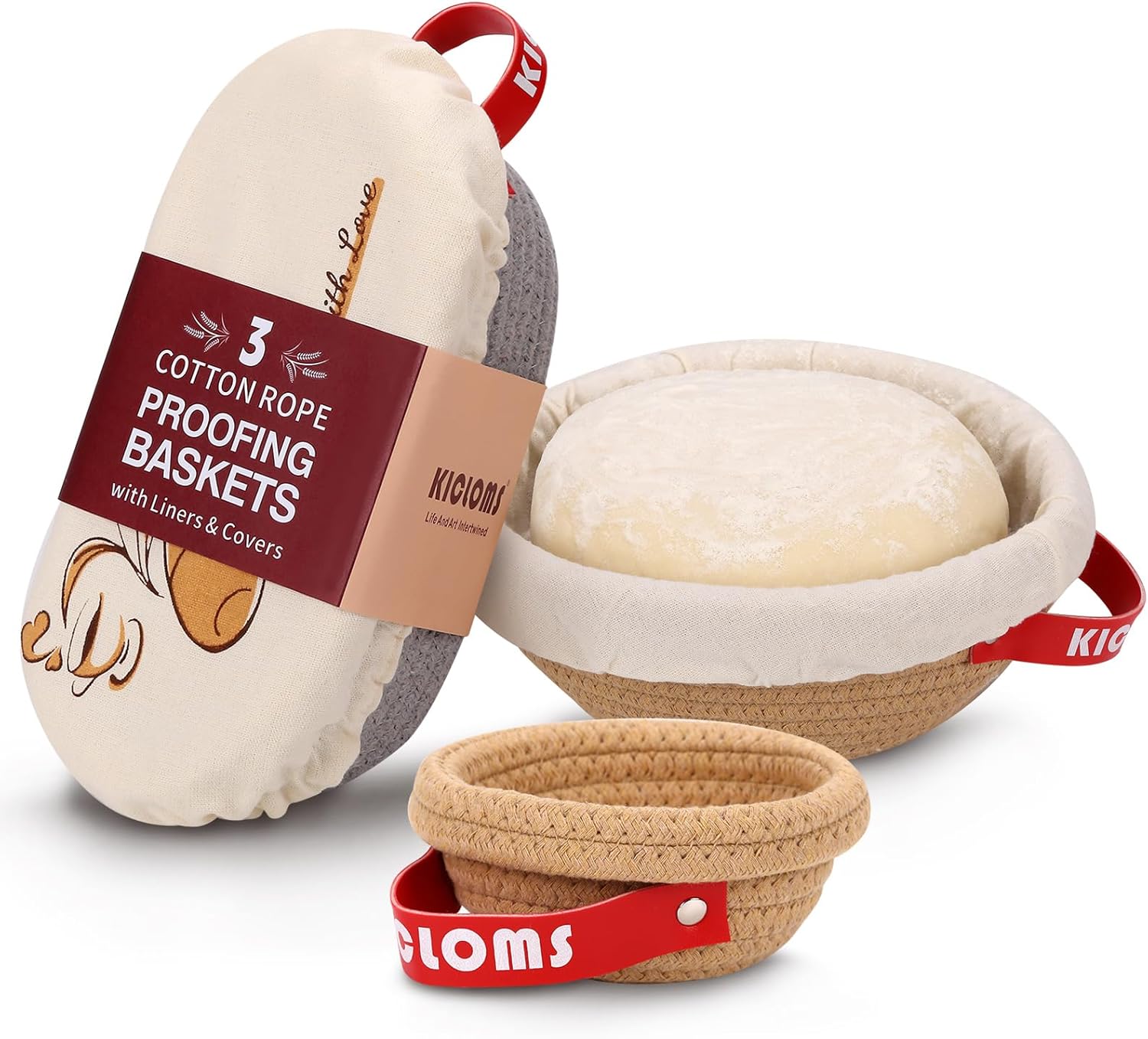 Banneton Bread Proofing Basket Set of 3 (9" Round & 10" Oval& 5" Round) - Natural Cotton Rope Sourdough Proofing Baskets with Reusable Liners & Dust Covers - Artisan Bread Baking Supplies