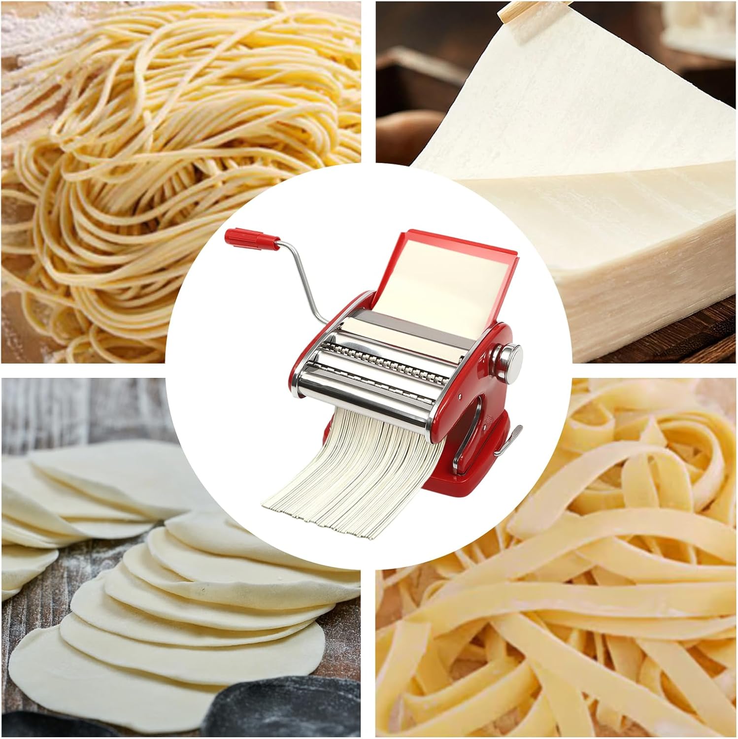 Manual Noodle Maker, Pasta Maker Machine, Portable Noodle Makers with 6 Adjustable Thicknesses, Adjustable Height & Adjustable-Clamp for Spaghetti Fettuccini Lasagna Dumpling (Red)