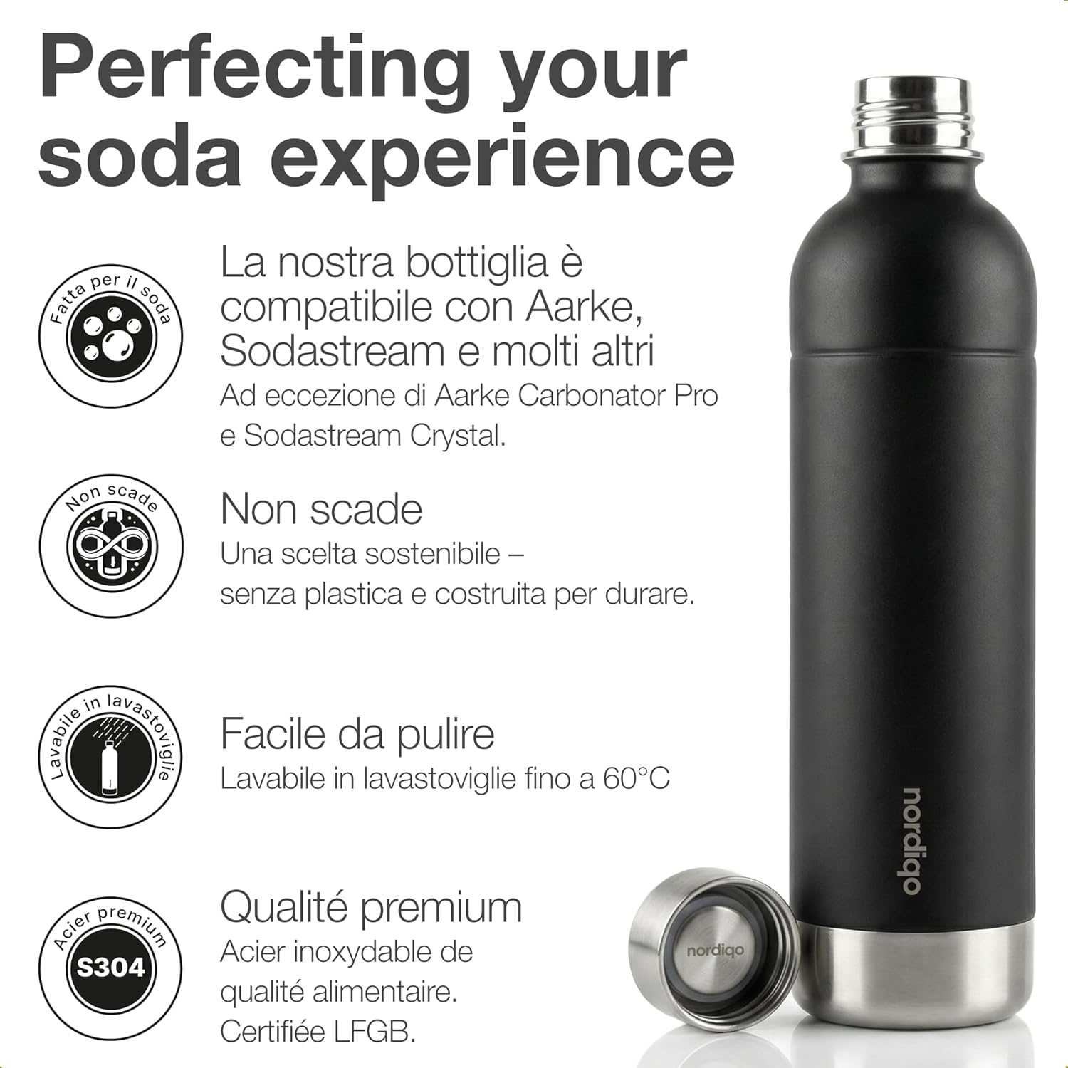 Stainless Steel Carbonating Bottle 33 oz | Compatible with Aarke Carbonator 3, SodaStream Duo & Plastic Bottles | Not for models Aqua Fizz & Jet | No Expiry | Plastic-Free