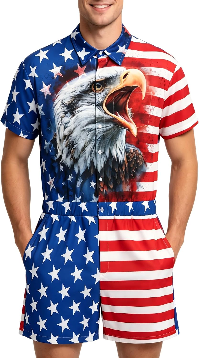 4th of July Button Up Patriotic Romper for Men with Pocket