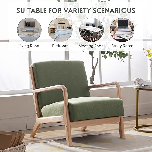 Miniatura 6 de ANJHOME Silla decorativa moderna de mediados de siglo, cómoda silla de lectura de tela con marco de madera maciza, sillón de fácil montaje para sala