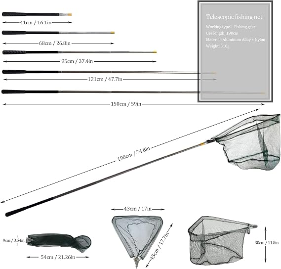 Telescopic Folding Fishing Landing Net, 1.9m Pole Collapsible Extensible Aluminum long Handle,Stainless Steel Triangular,For Bird Fish Catch,Aquarium,Ponds Floating Objects,Carp Trout