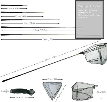 Telescopic Folding Fishing Landing Net, 1.9m Pole Collapsible Extensible Aluminum long Handle,Stainless Steel Triangular,For Bird Fish Catch,Aquarium,Ponds Floating Objects,Carp Trout