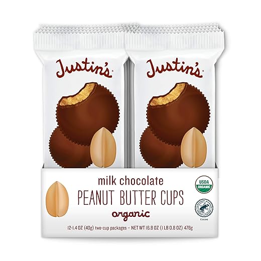 Justin's Organic Milk Chocolate Peanut Butter Cups, Rainforest Alliance Certified Cocoa, Gluten-free, Responsibly Sourced, 12 Pack (2 cups each)