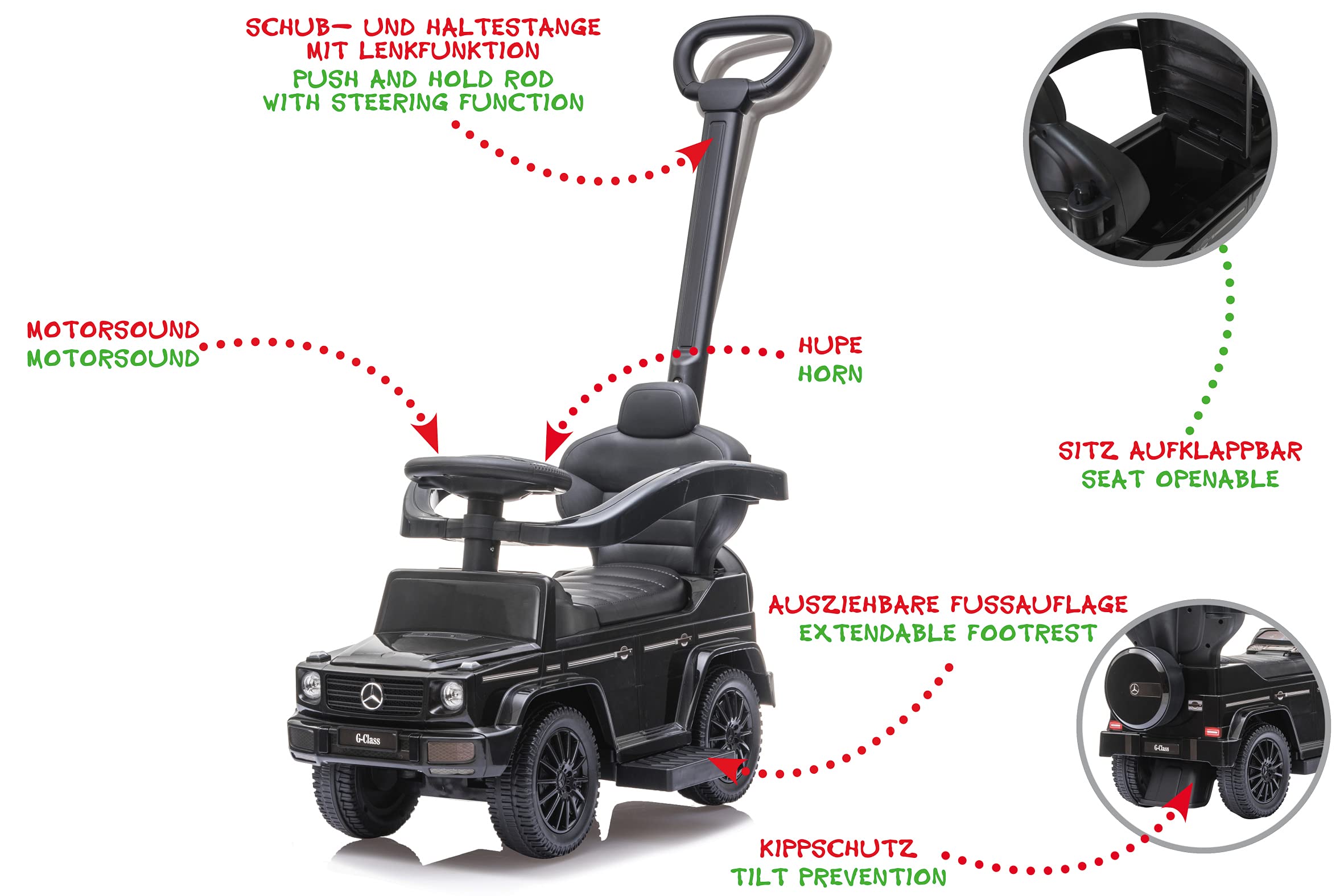 Rutscher Mercedes-Benz G 350 d 3in1 – ab 12 Monate, Sitzhöhe 260 mm, Kippschutz, Schutzbügel, Schub-und Haltestange mit Lenkfunktion abnehmbar, Schwarz