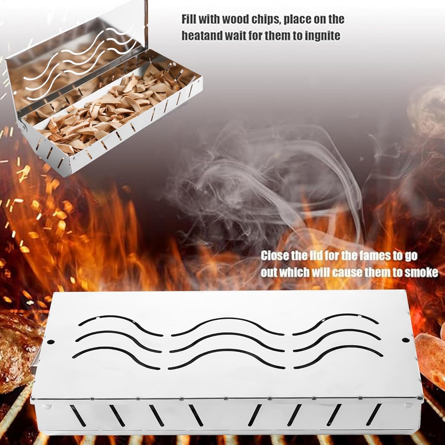 BBQ Smoker Box - 2x Heavy Duty Stainless Steel Grill Smoker Box | Works With Wood Chips Smoked Barbecue Flavor, Grilling Accessories For Kitchen, Restaurant, Camping, Party