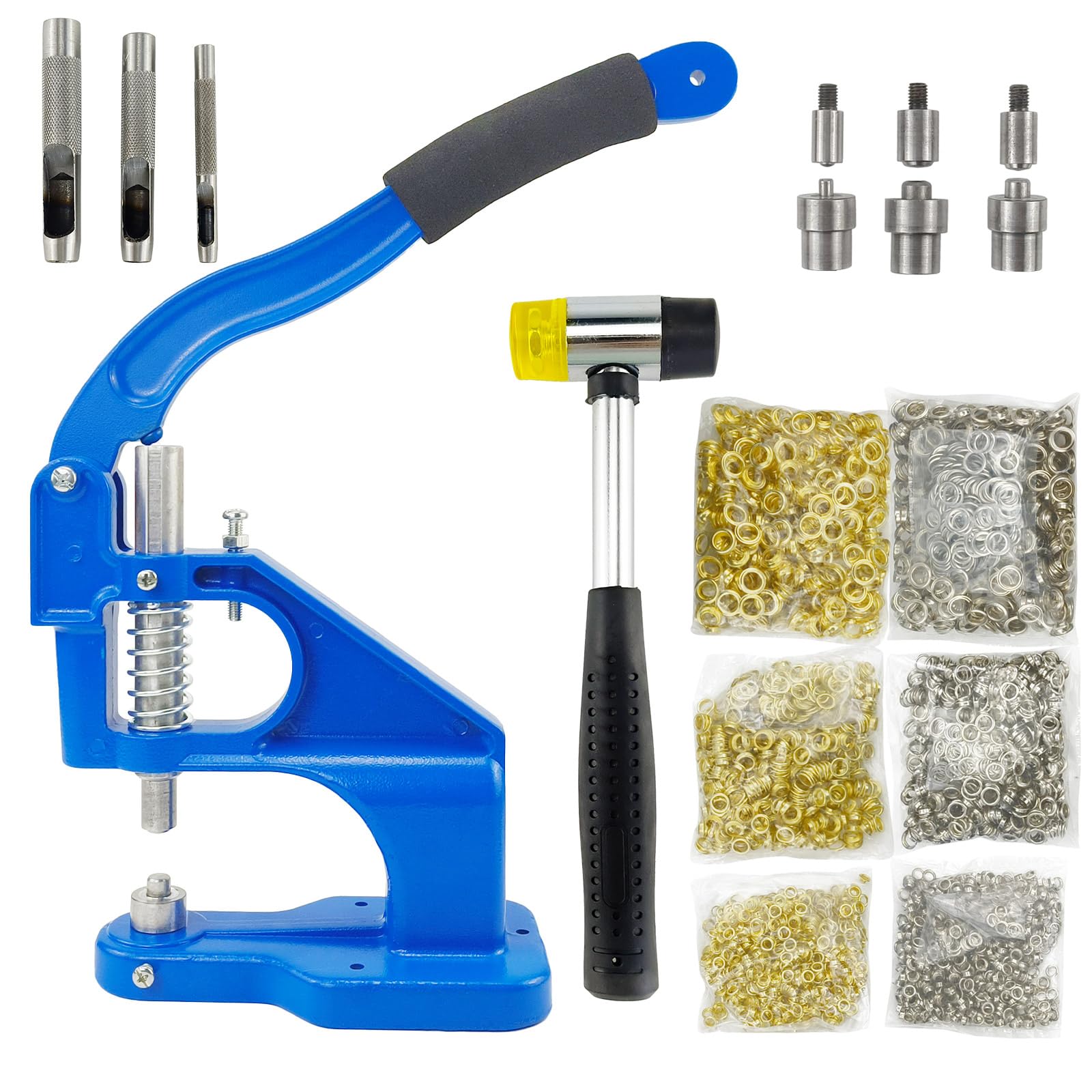 Kit di 3000 occhielli a pressione manuale (6 mm, 10 mm, 12 mm) con 3 fustelle (#0, #2, #4) - Strumento per punzonatura per occhielli, per tessuto, pelle e artigianato - Include copertura per manico e