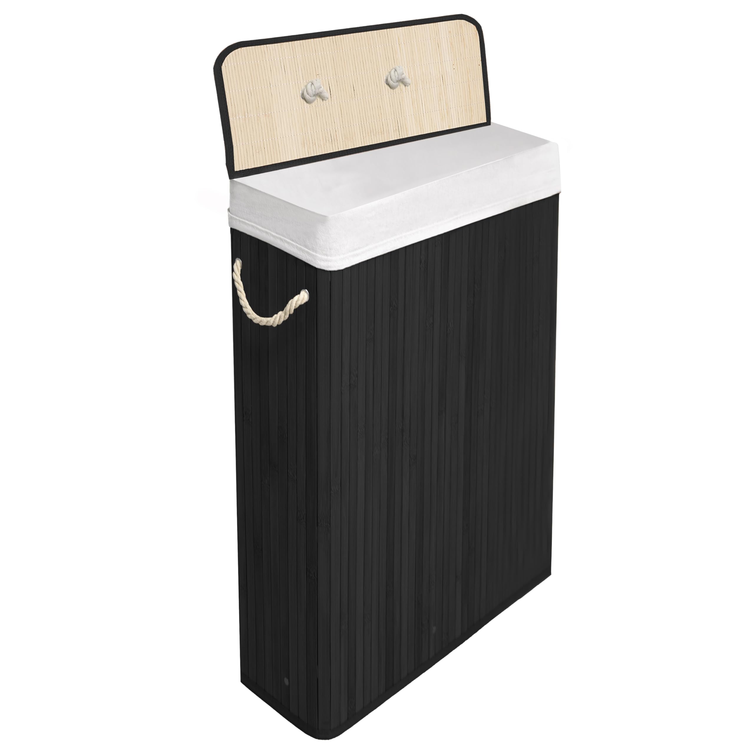 KNIGHT Bamboo Laundry Basket with Lid, 56L Laundry Hamper with Handles & Removeable Washable Lining, Easy Assemble Easy Folding Storage Bin 20x18x60 cm (Black)