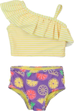 RuffleButts Girls UPF50+ Sun Protection One Shoulder Ruffle Tankini Two Piece Swimsuit