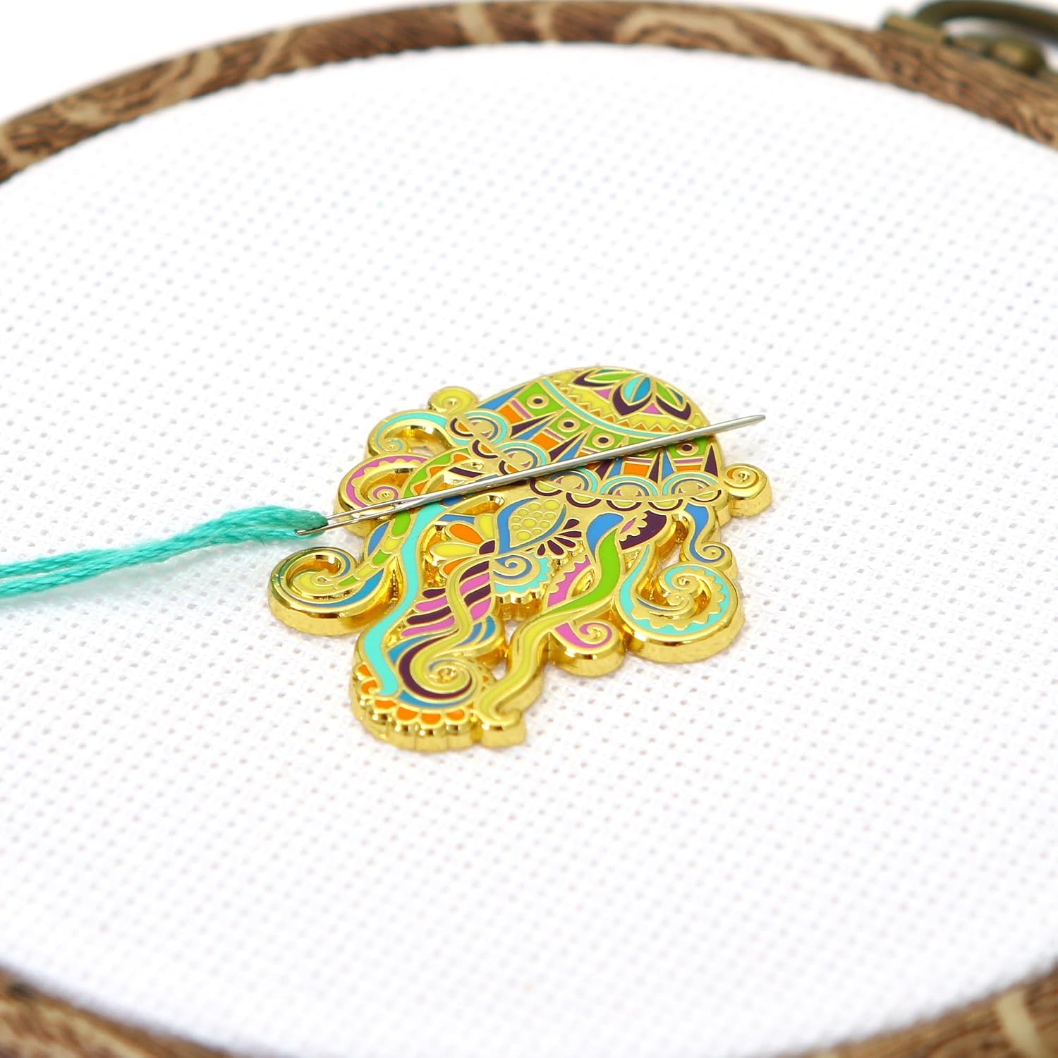 Awesome Pattern Studio Needle Minder Set - Mandala Jellyfish Magnetic Needle Minder + 2 Needle Threaders. Enamel Pin for Cross Stitch, Embroidery and Craft