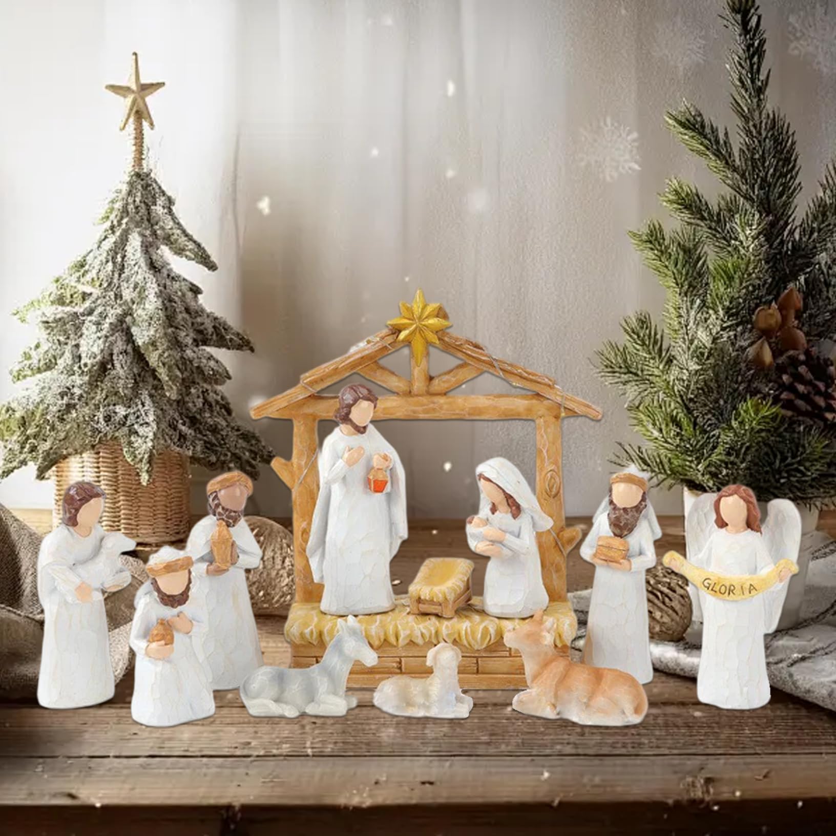 Conjuntos y Figuras de Natividad Juego de 12 Belén de Resina con Luces Navideñas para Decoración Navideña para Niños y Familias Conjuntos Figuras Blancas Juego de Navidad.