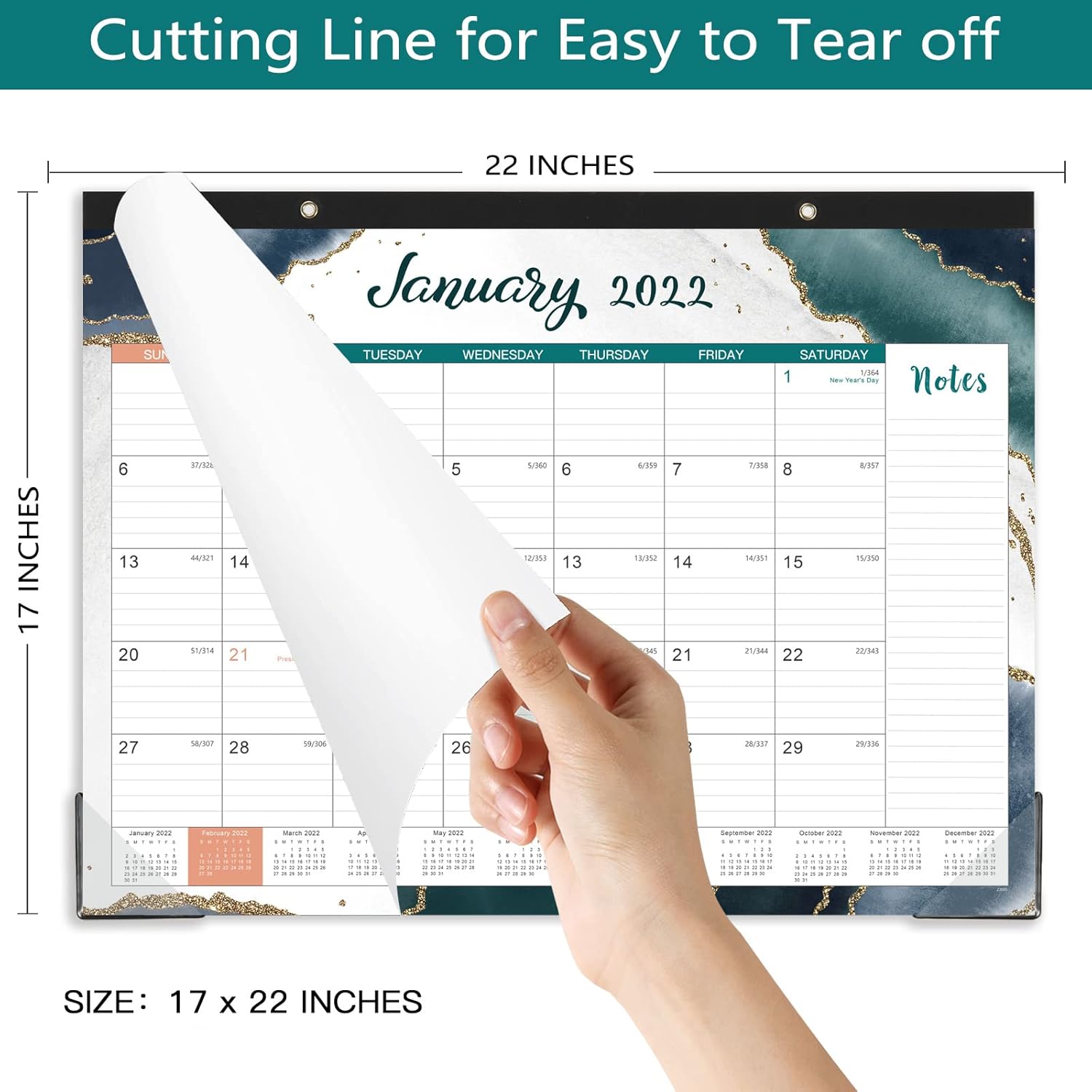 Desk Calendar 2022-18 Monthly Desk/Wall Calendar 2-in-1,17" x 22", January 2022 - June 2023, Thick Paper with Corner Protectors, Large Ruled Blocks - Blue Gliding : Office Products
