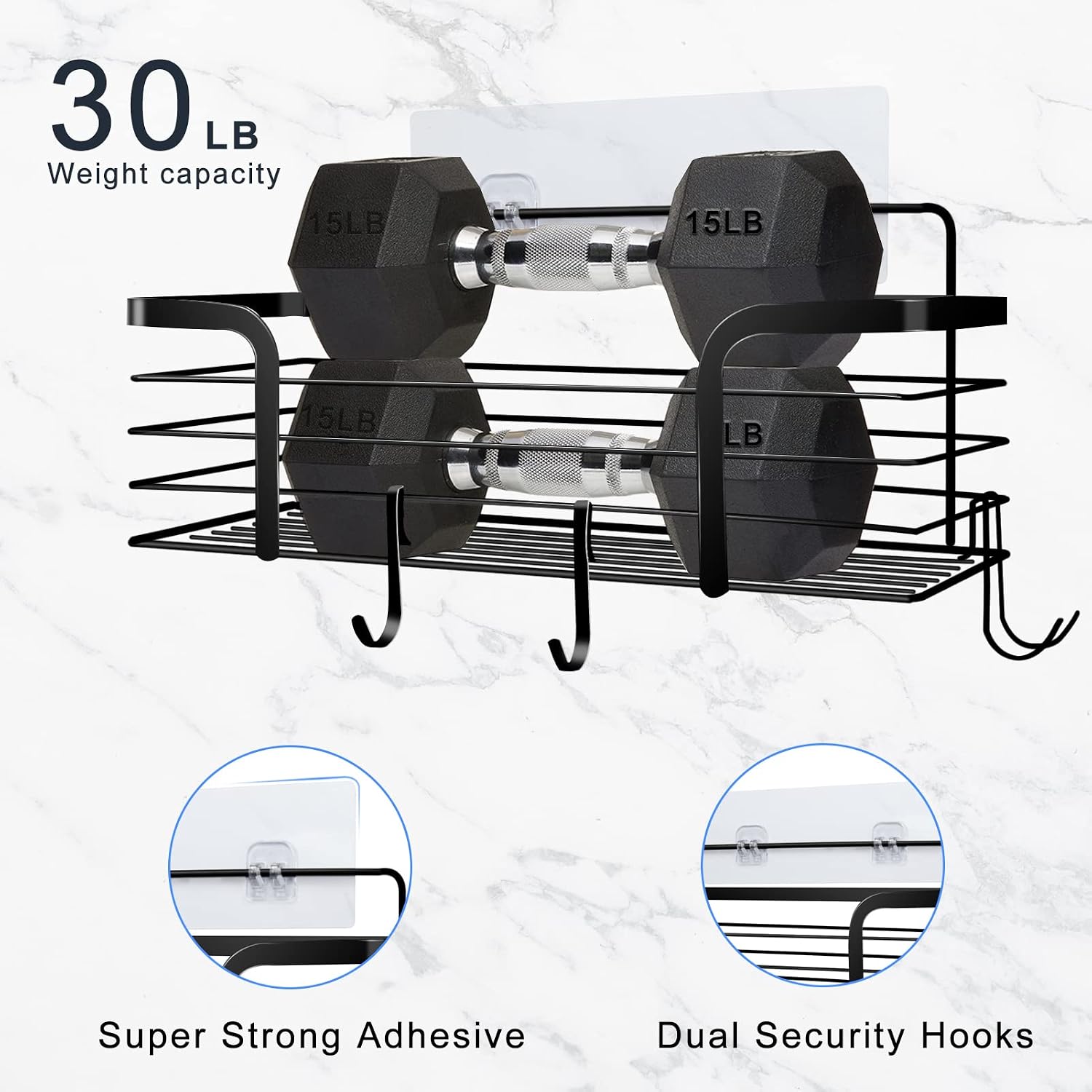 Shower Caddy, Adhesive Shower Organizer with Soap Dish and 4 Hooks, Rustproof Stainless Steel Shower Shelves, Wall Mounted No Drilling Storage Shelf Basket Accessories for Bathroom & Kitchen
