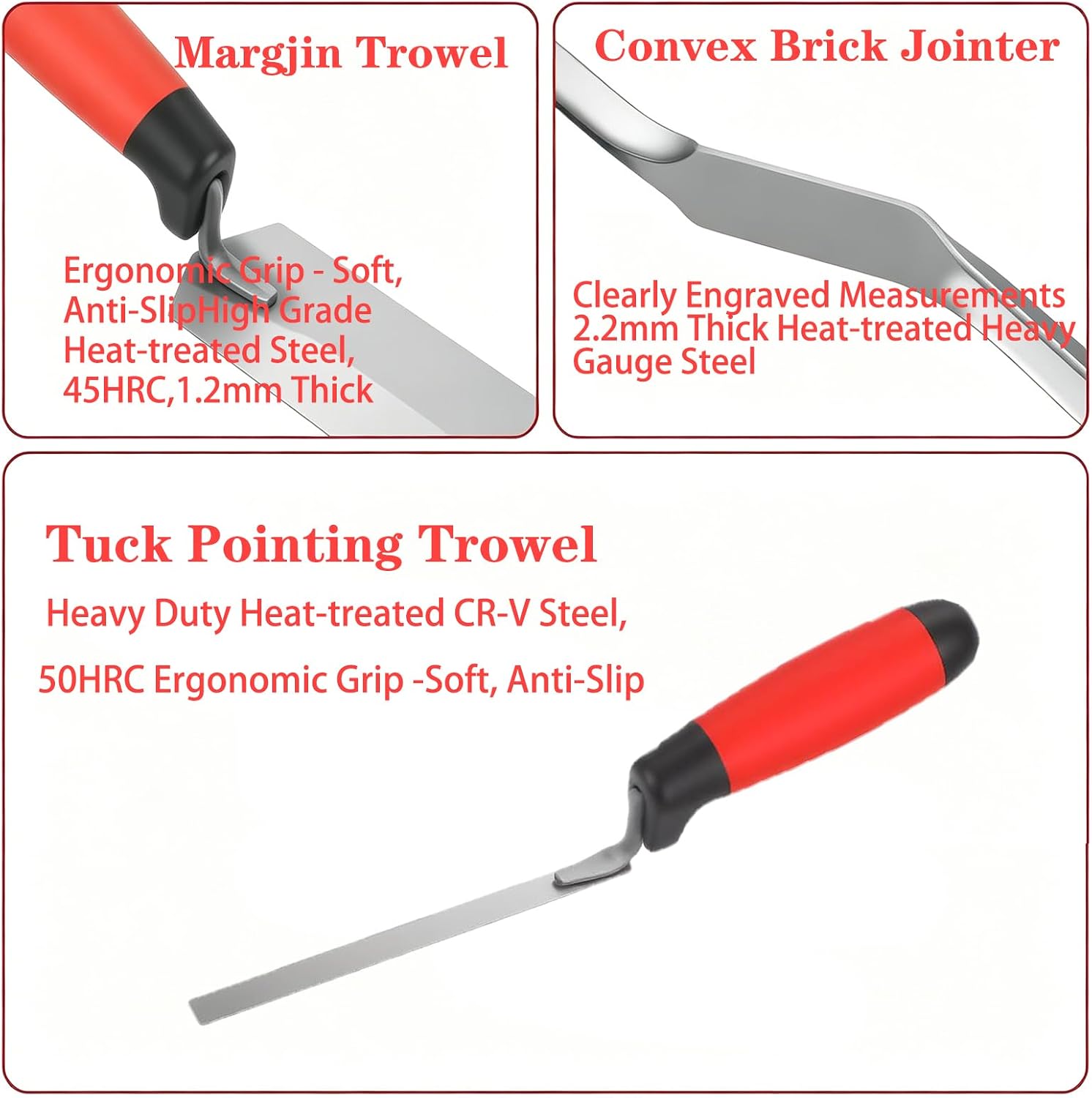 6PCS Masonry Hand Tool Set Professional Brick Trowel Kit with Pointing Trowel Margin Trowel Tuck Pointing Trowel Convex Brick Jointer for Brick Layers Concrete Work