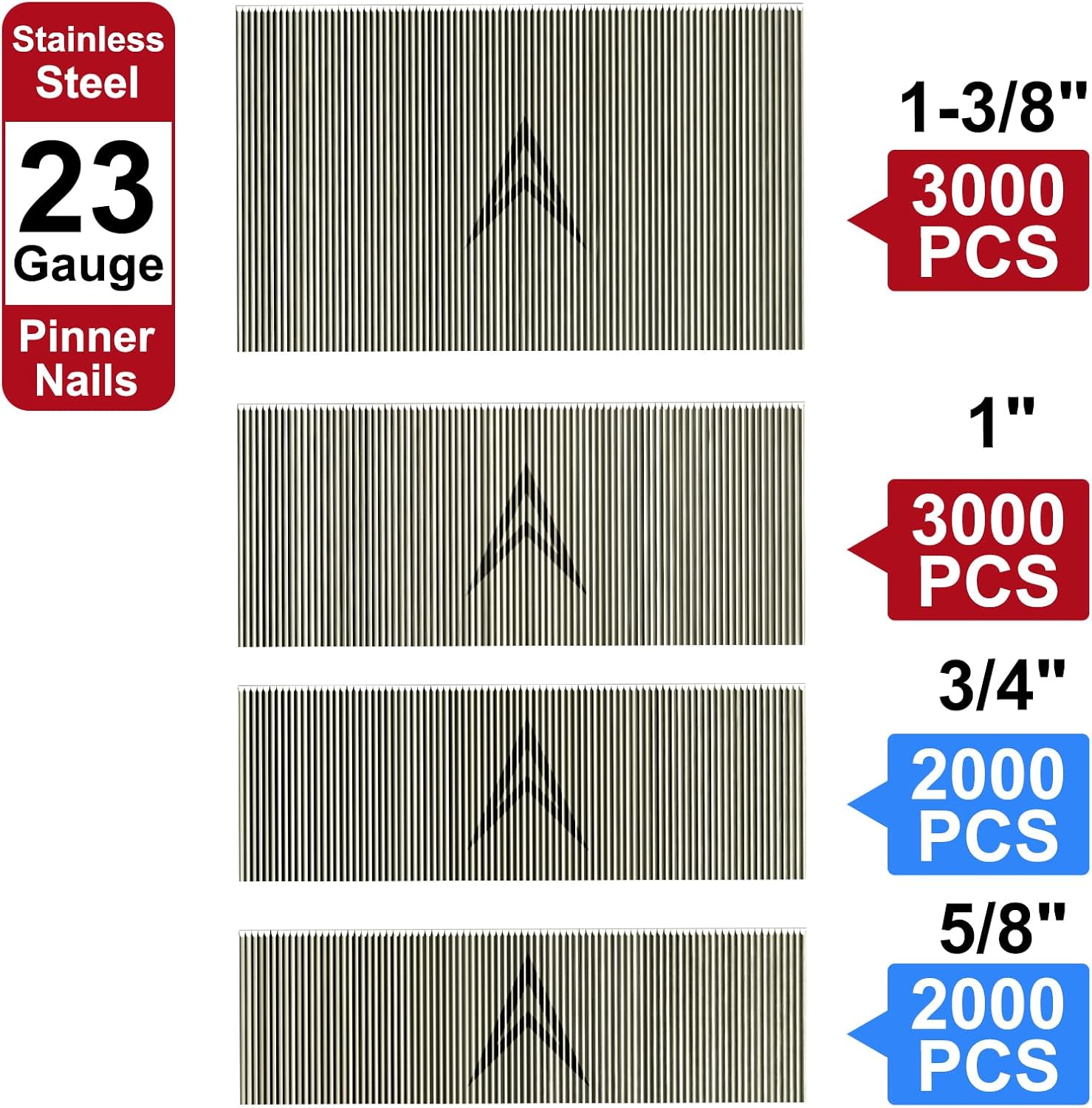 23 Gauge Stainless Steel Pinner Nails (5/8",3/4",1",1-3/8") assorted 4 sizes' Headless Pin Nails for Molding Cabinetry Building Assembly (10000)