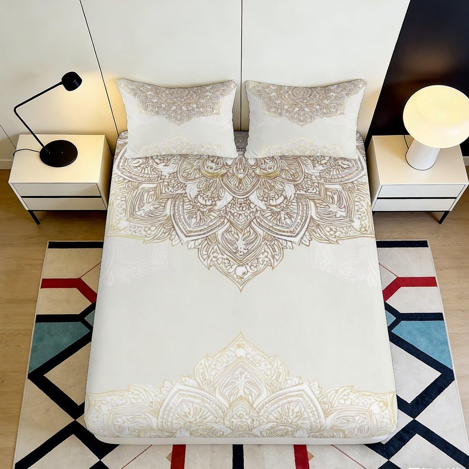 3D Printed Baroque Lace Fitted Sheet Microfiber Elegant Cream Mattress Cover for Bedroom Guestroom Decor 90x200x25cm