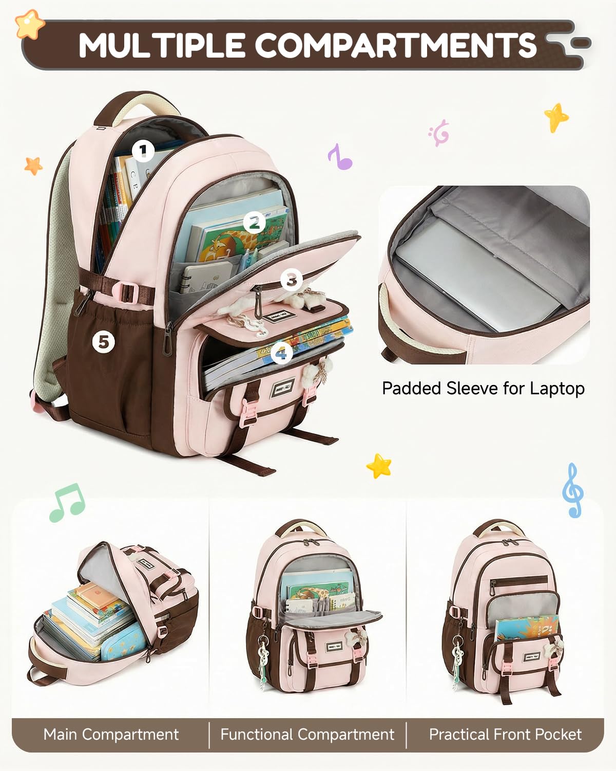 Schultasche Mädchen Schulrucksack Teenager - Wasserdichter Schulranzen für Mädchen - Modischer Rucksack mit Großer Kapazität für Schule Reisen (ab 10 Jahren), Rosa-Braun