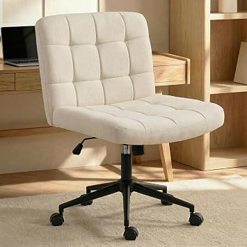 Clevich Swivel Criss Cross Legged Chair with Wheels, Armless Home Office Chair with Comfy Wide Cushion, Height Adjustable for Desk, Vanity, Bedroom Linen, Cream