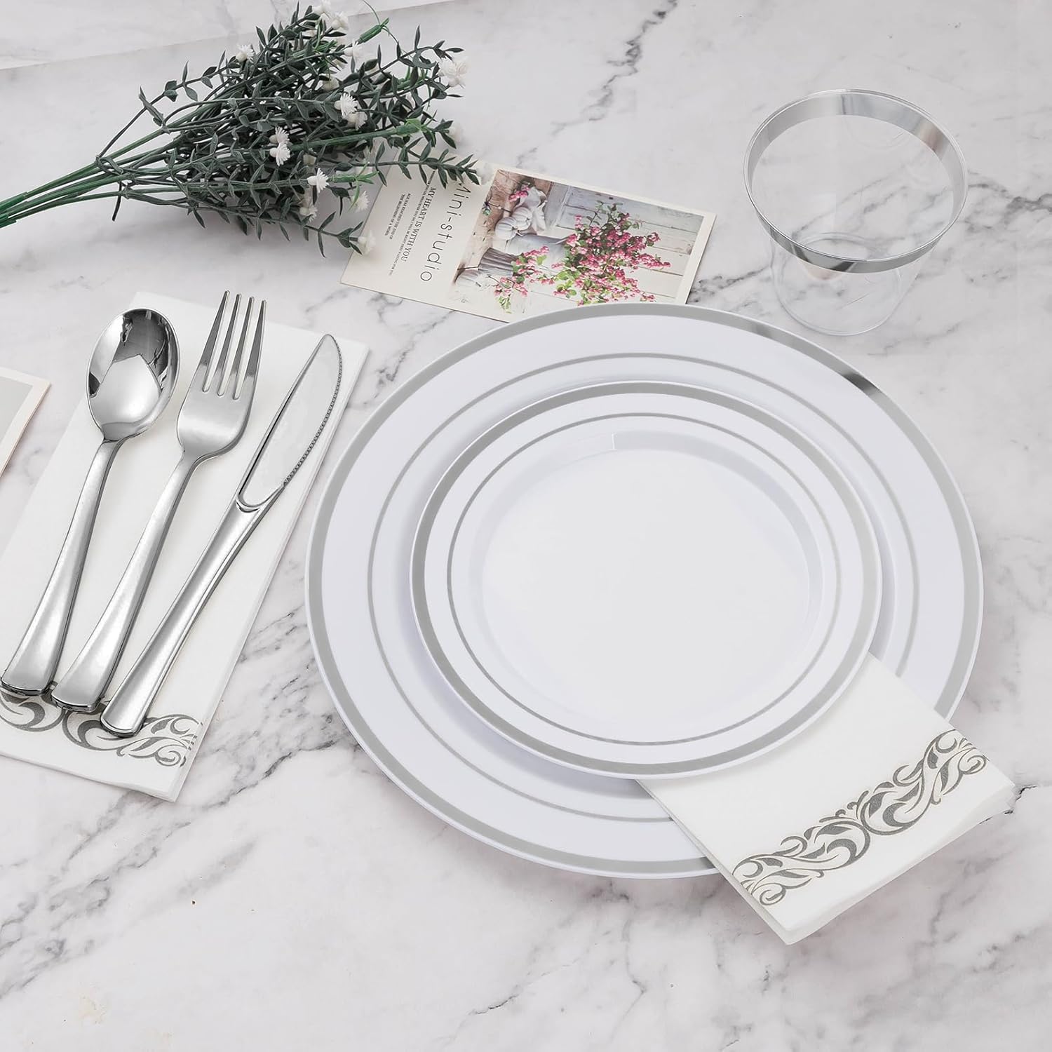 BESTVIP 700 PCS Silver Dinnerware Set for 100 Guests, Plastic Dinnerware Set for Party, Wedding, Christmas, Include: 200 Plastic Plates, 100 Silver Silverware, 100 Cups, 100 Paper Napkins - Image 2