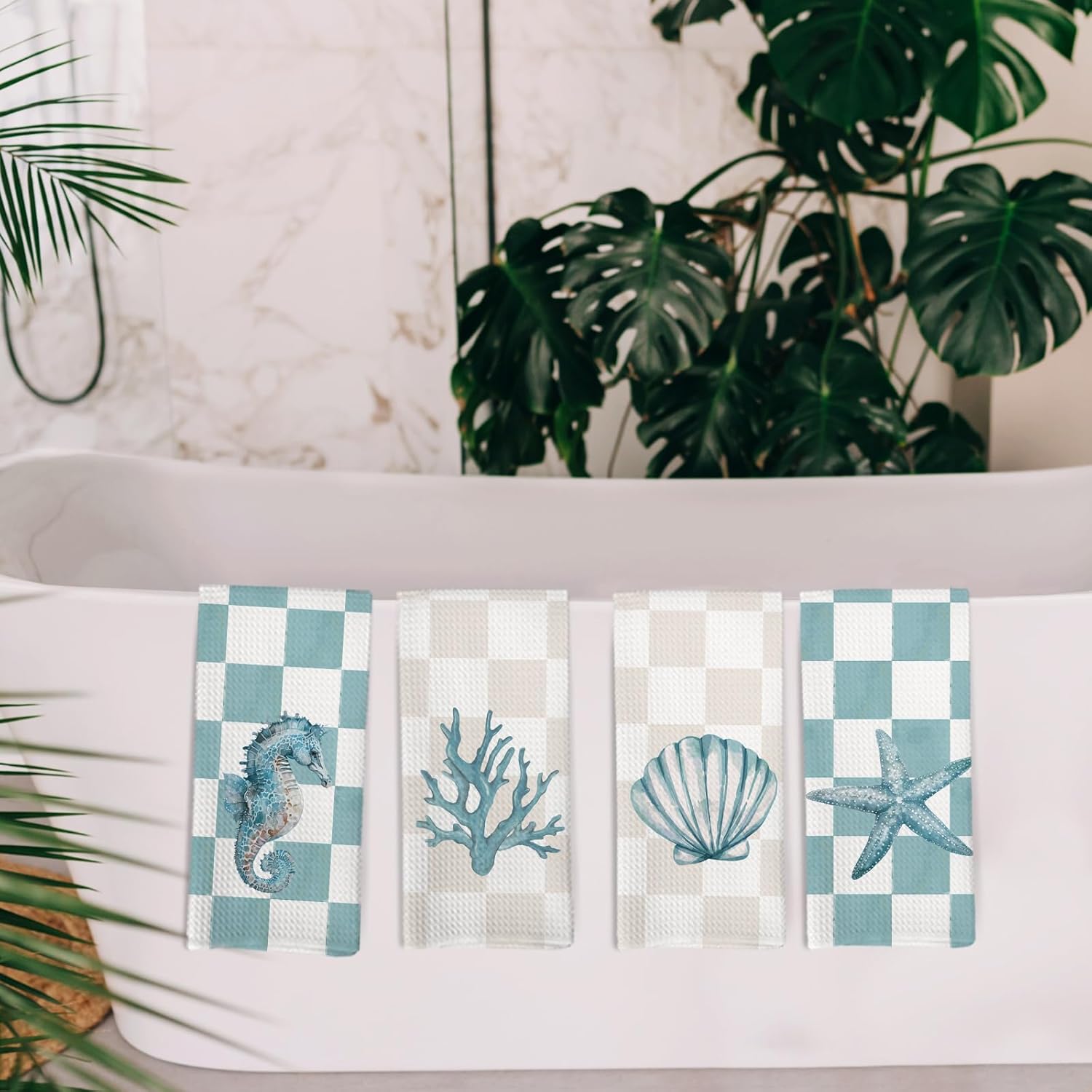 Coastal Beach Kitchen Towels and Dishcloths Set of 4, Preppy Beachy Seahorse Coral Dish Towels, Nautical Ocean Starfish Seashell Decorative Hand Tea Towel for Bathroom Kitchen, 16x24 Inch