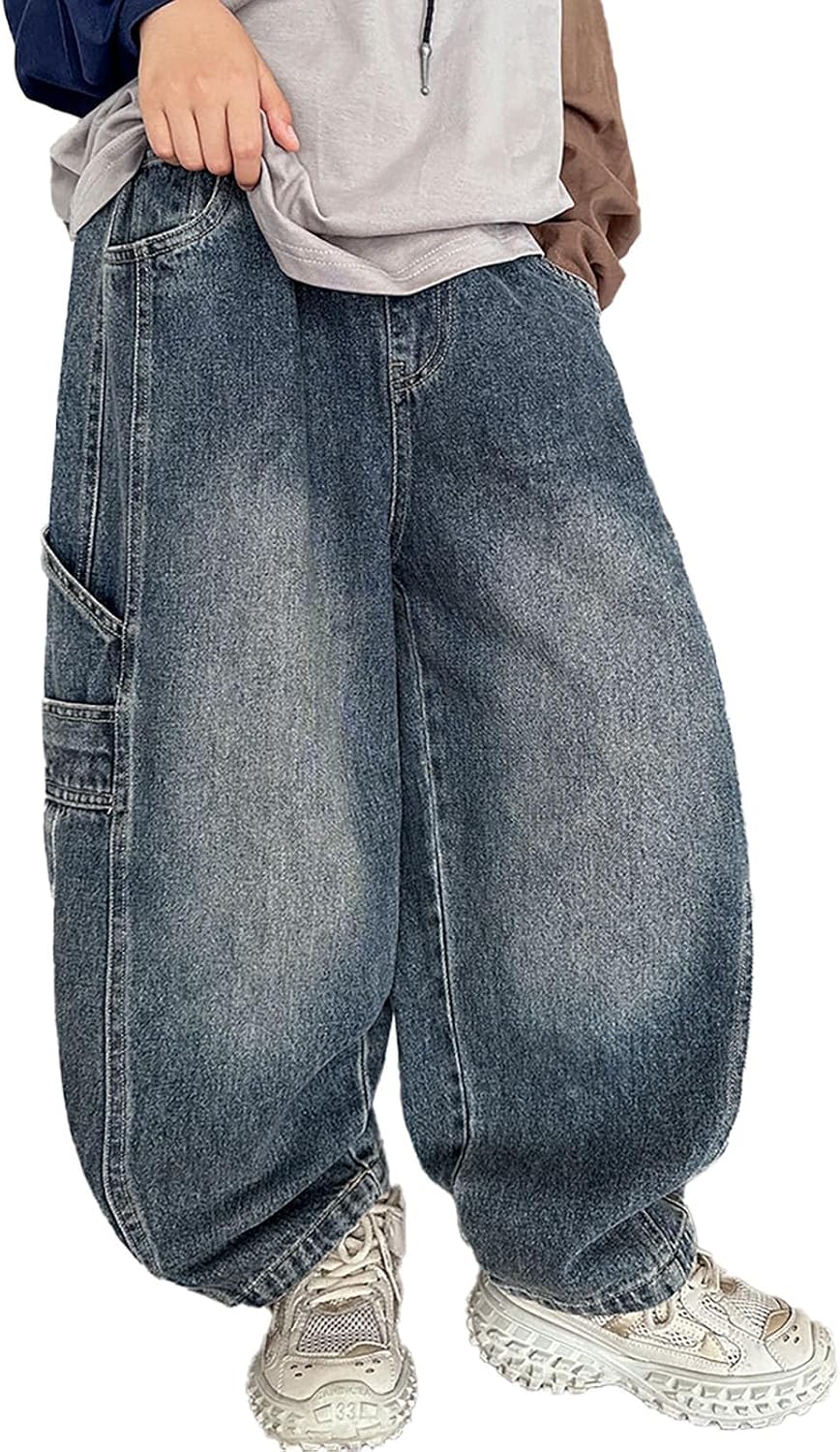 Kids Jeans Boys Stretch Fit Elastic Waist Pull On Relaxed Children's Jogger Active Athletic Youth Sports Teenage Streetwear
