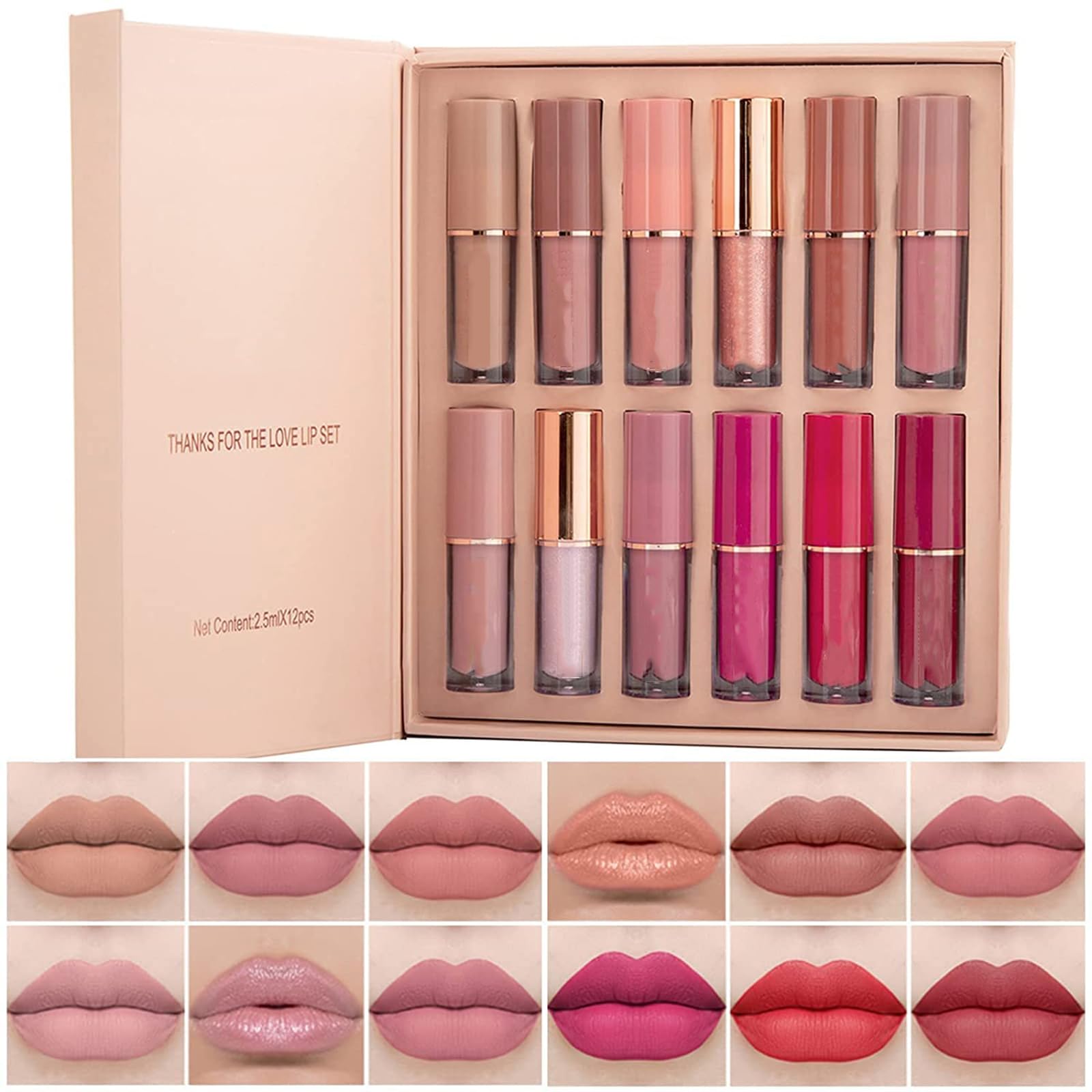 LBOYLOVE® 12 Colors Velvet Matte Liquid Lipstick Set, Long Lasting Waterproof Nude Lip Stain, Quick-Drying, Non-Stick Cup, High Pigmented & Smooth Texture, Professional Lip Makeup Gift Kit for Women