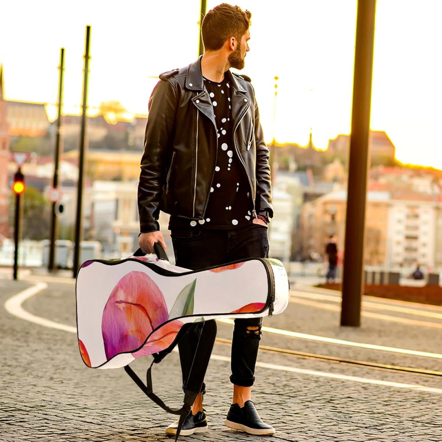 Acoustic Guitar Bag, 40 41 42 Inch Guitar Case Cover Soft Guitar Gig Bag for Acoustic Electric Bass Classical Guitar, Watercolor Peaches Seamless