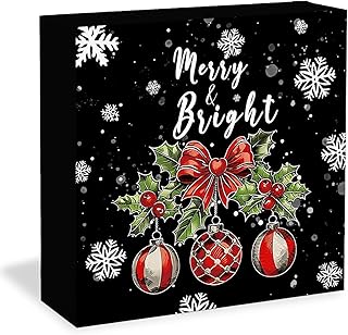 Red Bow Winter Christmas Wooden Box Sign Desk Decor, Merry Christmas Decor, Winter Snowflake Xmas Bauble Holly Berry Wood Signs for Home Office Desk Table Shelf Decorations, 5x5 Inch